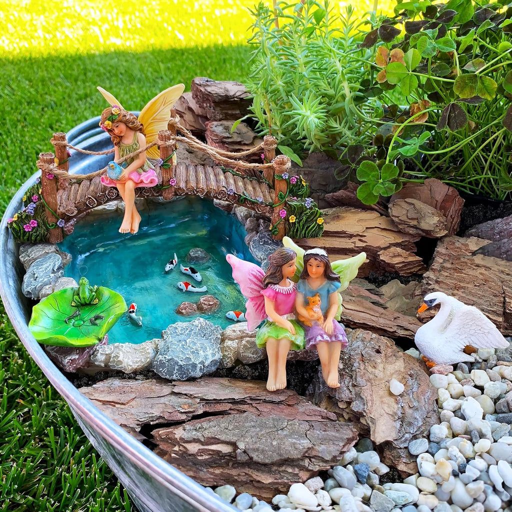Mood Lab Fairy Garden Fish Pond Kit - Miniature Bridge Set of 6 pcs Fairy Garden Figurines & Accessories - Outdoor or House Decor
