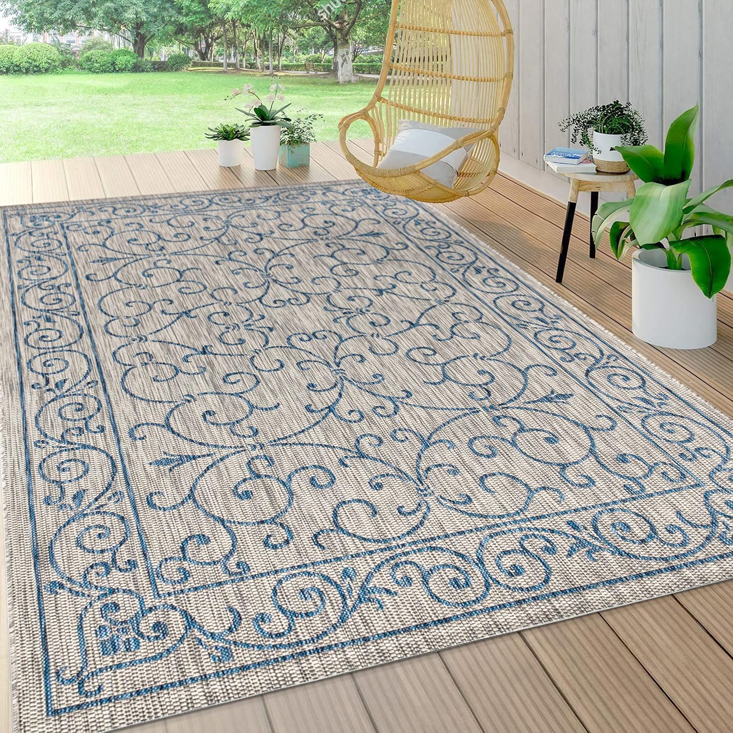 JONATHAN Y SMB106C-4 Charleston Vintage Filigree Textured Weave Indoor/Outdoor Gray/Navy 4 ft. x 6 ft. Area Rug, Classic,Easy-Cleaning,HighTraffic,LivingRoom,Backyard, Non Shedding