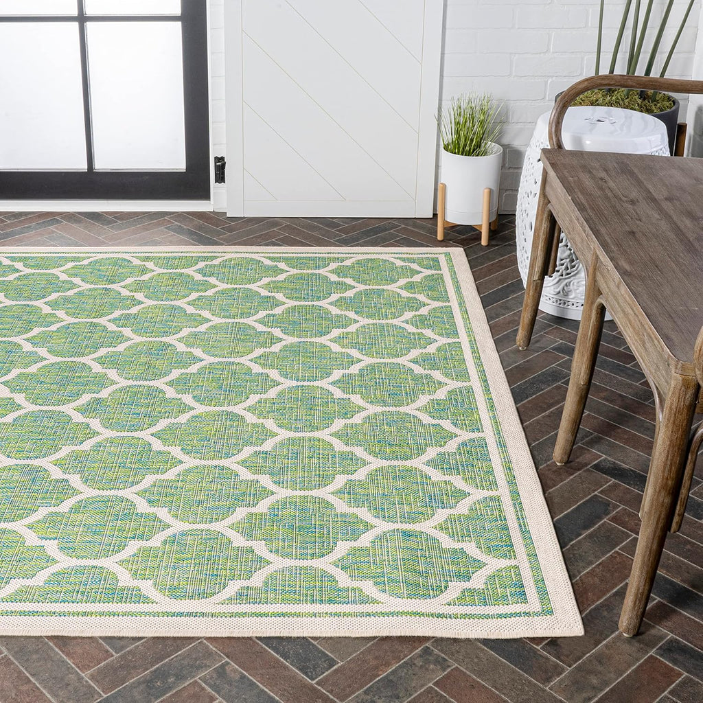 Eyely BMS109I-3 Santa Monica Trebol Moroccan Trellis Textured Weave Indoor/Outdoor Area Rug Coastal;Bohemian, Bedroom, Backyard, Patio, Easy-Cleaning, Non-Shedding, 3 X 5, Cream/Green