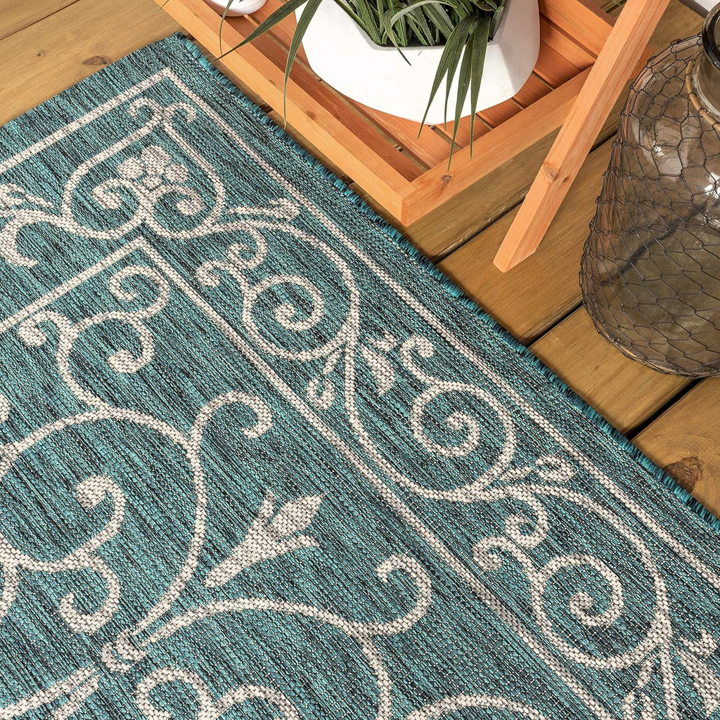 JONATHAN Y SMB106F-210 Charleston Vintage Filigree Textured Weave Indoor Outdoor Runner Rug, Classic, Traditional, Transitional Easy Clean,Bedroom,Kitchen,Backyard,Patio, Non-Shed, Teal/Gray, 2 X 10