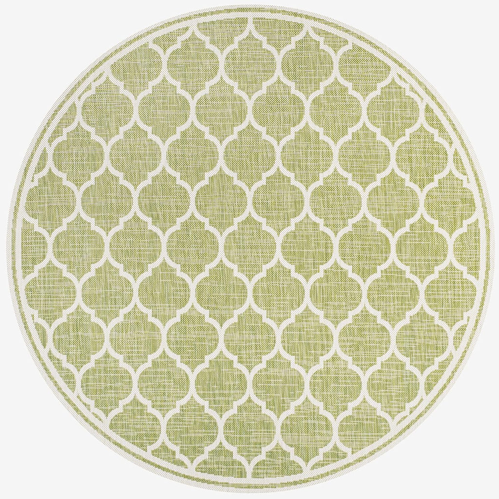 Eyely BMS109G-5R Santa Monica Trebol Moroccan Trellis Textured Weave Indoor/Outdoor Area Rug Coastal;Bohemian, Bedroom, Backyard, Patio, Easy-Cleaning, Non-Shedding, 5' Round, Green/Cream