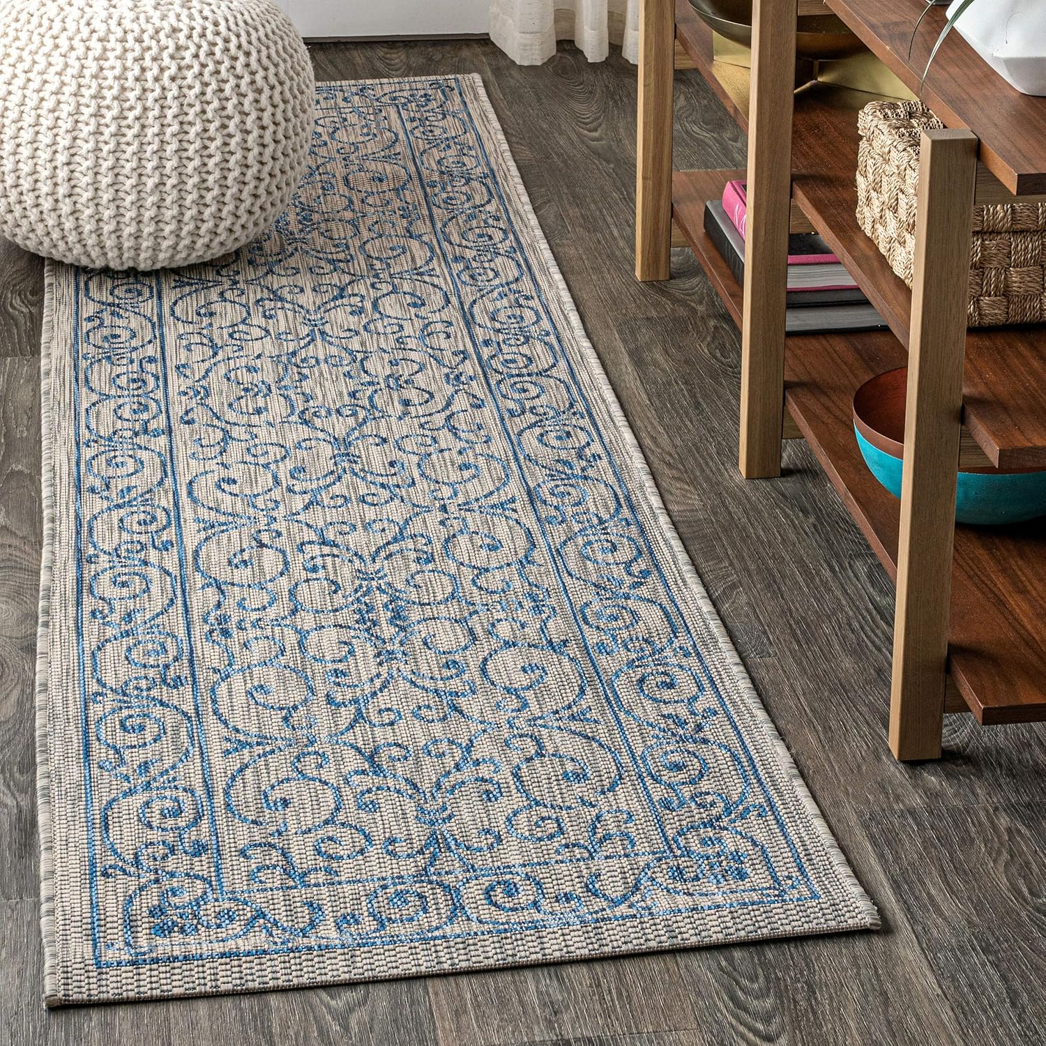 JONATHAN Y SMB106C-210 Charleston Vintage Filigree Textured Weave Indoor Outdoor Runner Rug Classic Coastal Easy-Cleaning Bedroom Kitchen Backyard Patio Non Shedding, 2 X 10, Gray/Navy