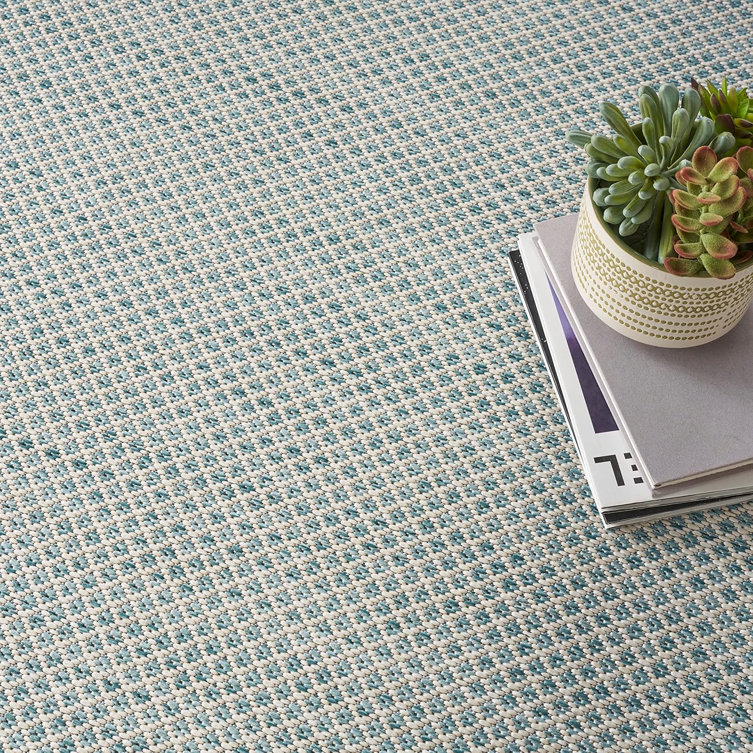 Nourison Home Courtyard Indoor/Outdoor Ivory/Aqua 8' x Square Area Rug, Easy Clean, Non Shedding, Bed Room, Living Room, Dining Room, Backyard, Deck, Patio (8 Square)