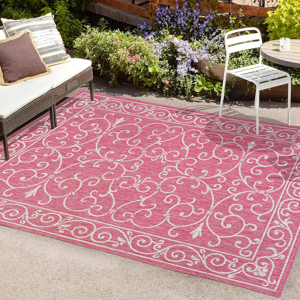 JONATHAN Y SMB106J-5 Charleston Vintage Filigree Textured Weave Indoor Outdoor Area Rug, Classic Traditional Easy-Cleaning,Bedroom,Kitchen,Backyard,Patio,Non Shedding, 5 X 8, Fuchsia/Light Gray