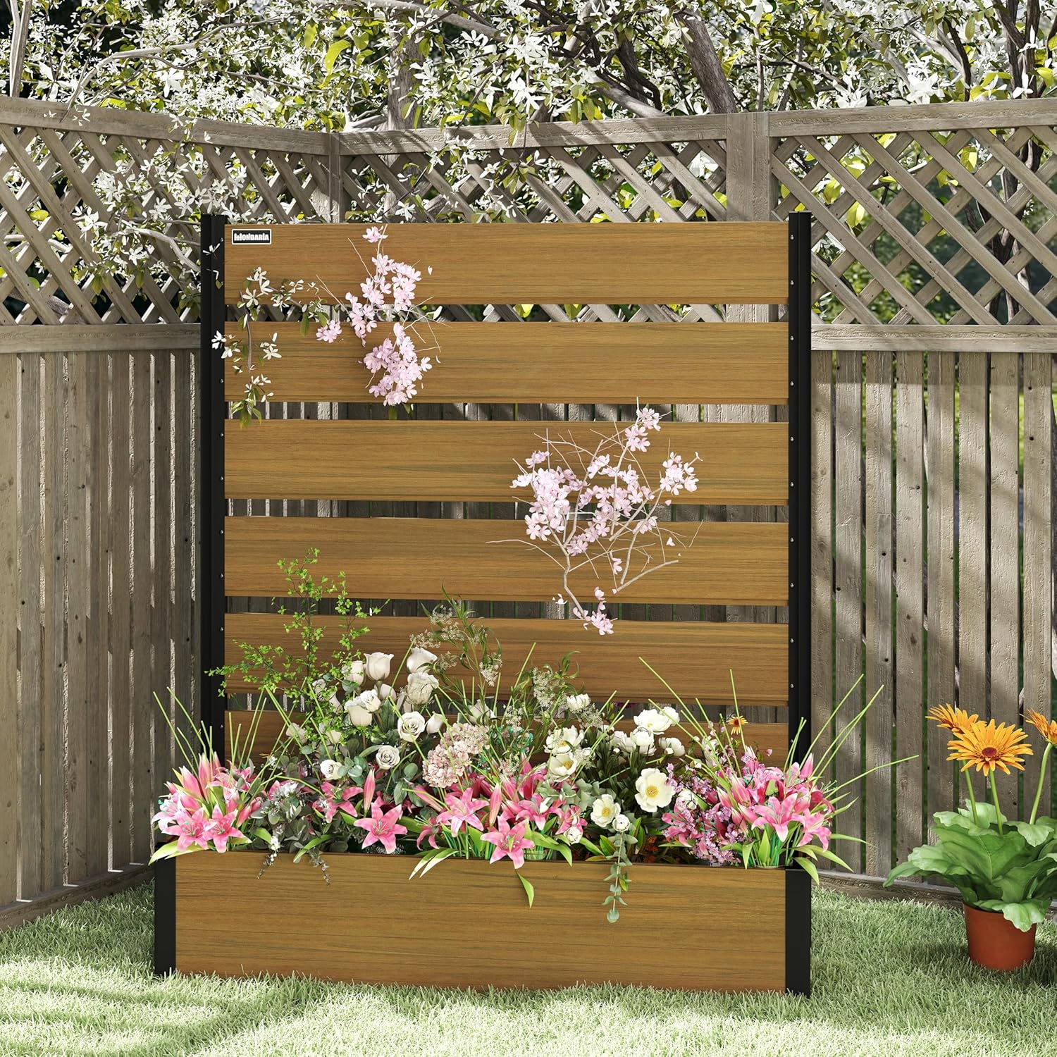 Vertical Screen Planter Bed - Raised Garden Box with Trellis for Climbing Plants, Durable Privacy Fence Planter for Outdoor, Patio, Deck Aluminum Frame, Brown