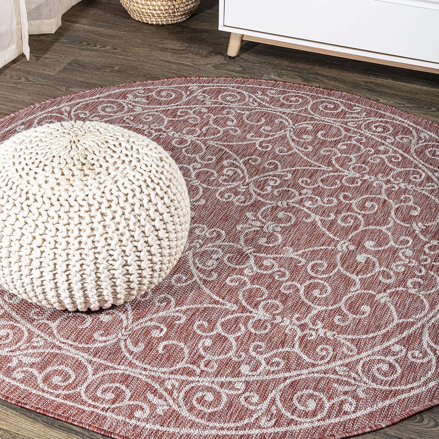 JONATHAN Y SMB106B-8R Charleston Vintage Filigree Textured Weave Red/Beige 8' Round Indoor/Outdoor Area Rug, Pet Friendly, Non-Shedding, Stain Resistant, Easy-Cleaning for Backyard, Patio, Porch
