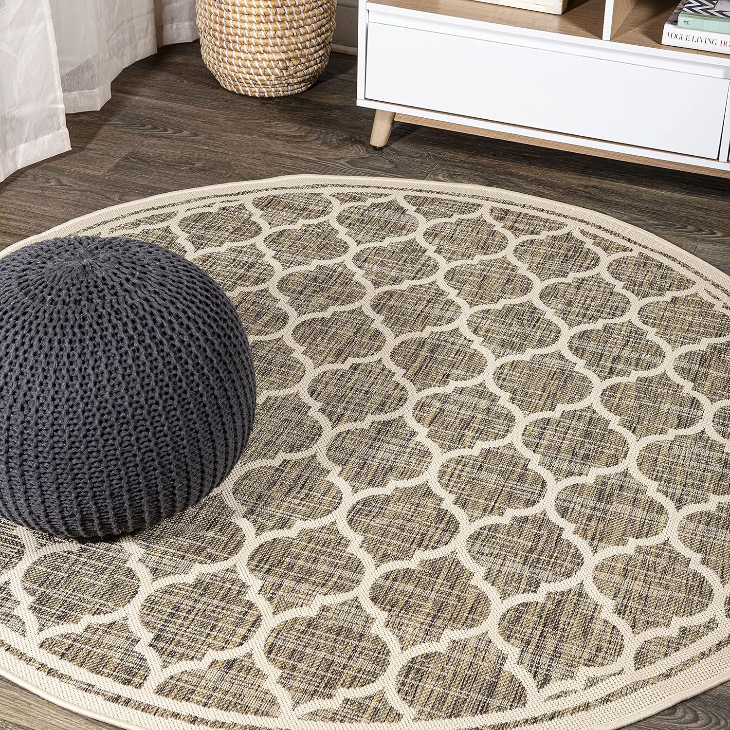 Eyely BMS109A-6R Santa Monica Trebol Moroccan Trellis Textured Weave, Pet Friendly, Non-Shedding, Stain Resistant, Easy-Cleaning, Brown/Beige, 6' Round, Indoor/Outdoor, Area Rug