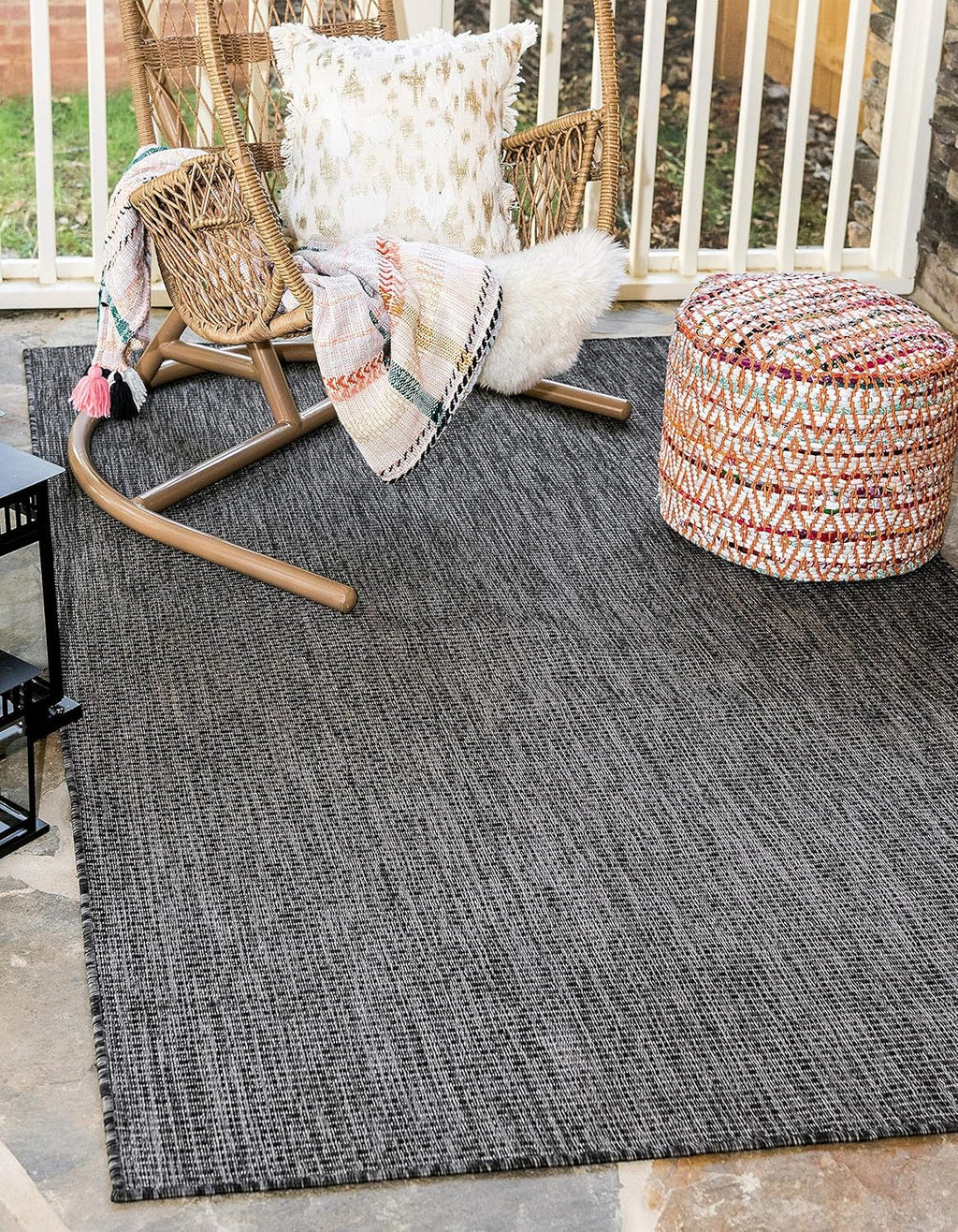 Unique Loom Collection Casual Transitional Solid Heathered Indoor/Outdoor Flatweave Area Rug (7' 1" x 10' Rectangle, Black/Ivory)