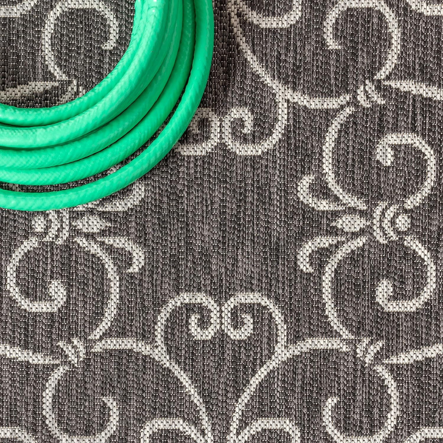 JONATHAN Y SMB106G-210 Charleston Vintage Filigree Textured Weave Indoor Outdoor Runner Rug Classic Coastal Easy Cleaning Bedroom Kitchen Backyard Patio Non Shedding, 2 X 10, Black/Gray