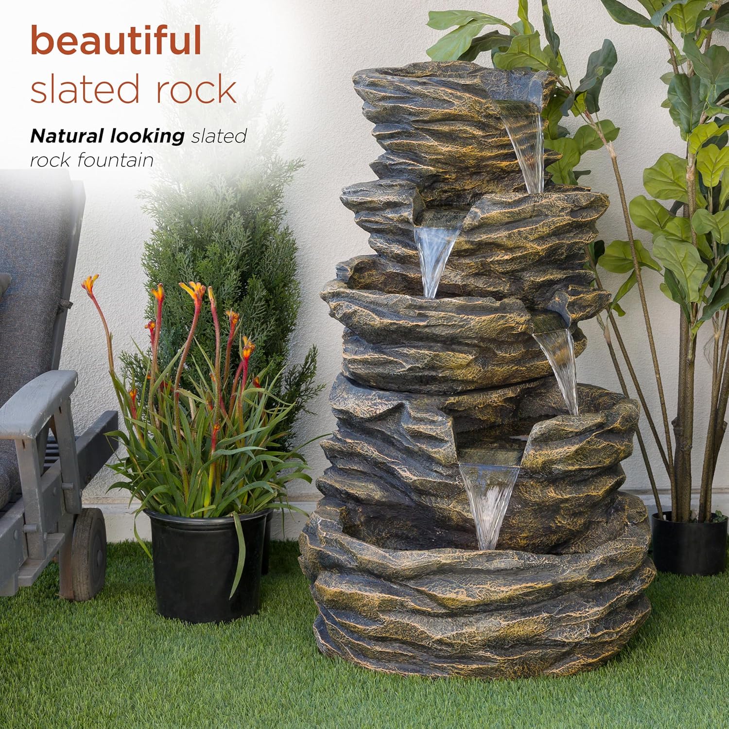 Alpine Corporation GIL110 Outdoor 5 Tiered Natural Look Rock Water Floor Fountain with Replaceable Lights,39" H, Brown