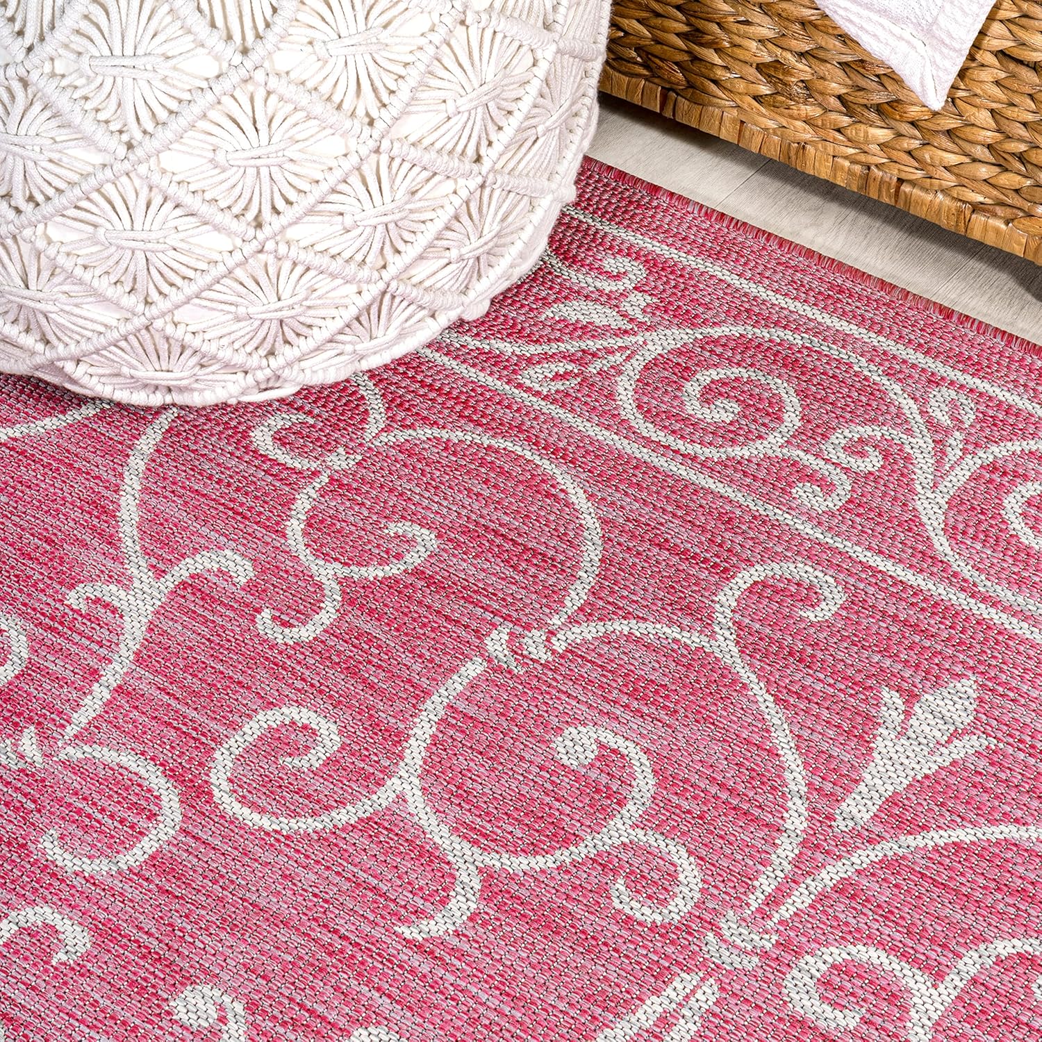 JONATHAN Y SMB106J-210 Charleston Vintage Filigree Textured Weave Indoor Outdoor Runner Rug,Classic,Traditional,Transitional Easy Clean,Bedroom,Kitchen,Backyard,Patio,NonShed,Fuchsia/Light Gray,2 X 10