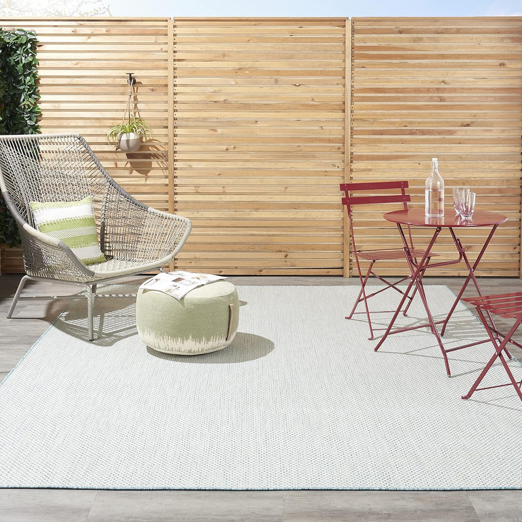 Nourison Courtyard Indoor/Outdoor Ivory Aqua 9' x 12' Area Rug, Geometric, Easy Cleaning, Non Shedding, Bed Room, Living Room, Dining Room, Deck, Patio, Backyard (9x12)
