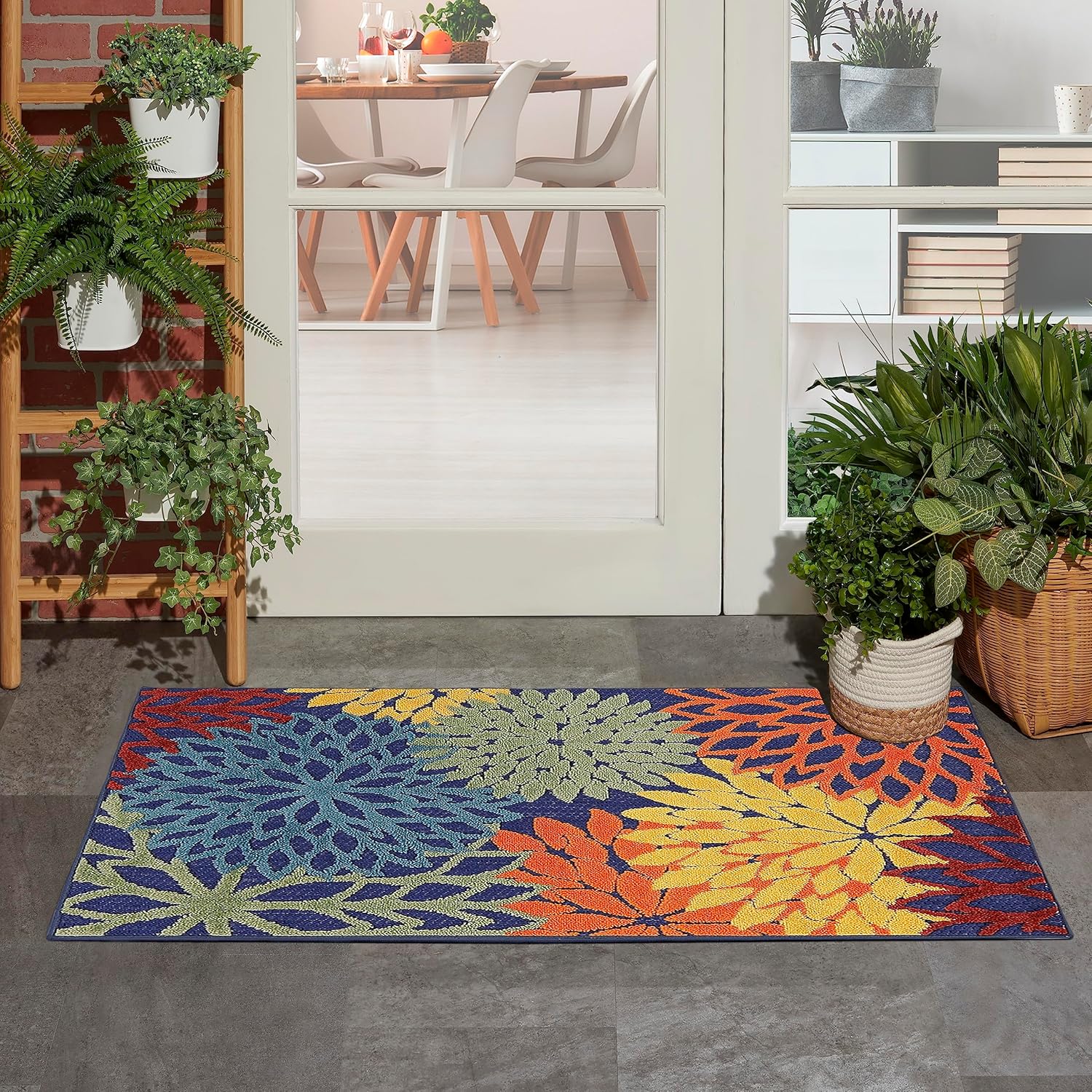 Nourison Home Aloha Indoor-Outdoor Navy Multicolor 2'8" x 4' Area Rug, Easy Cleaning, Non Shedding, Bed Room, Living Room, Dining Room, Backyard, Deck, Patio (3x4)