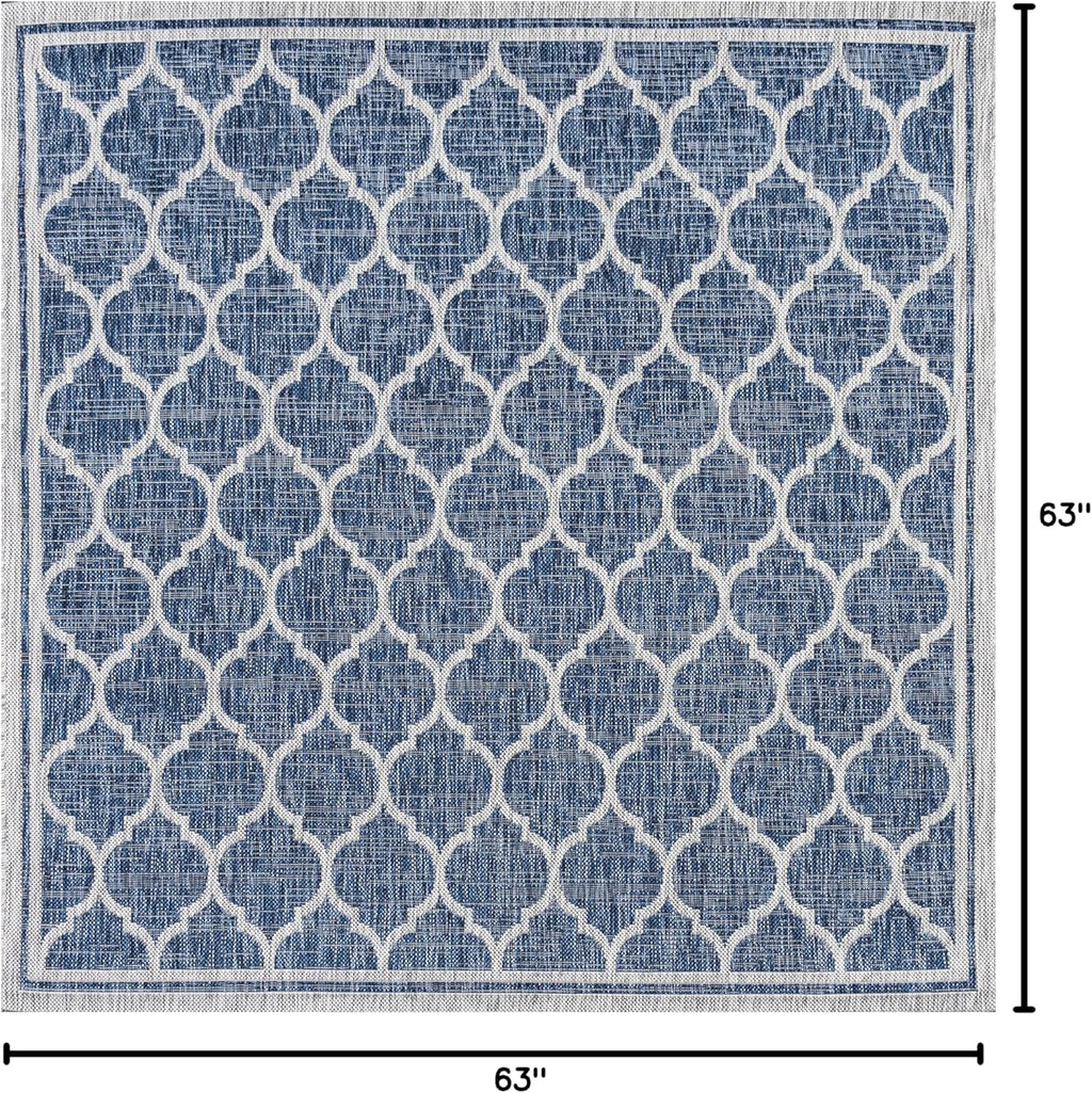 Eyely BMS109D-5SQ Santa Monica Trebol Moroccan Trellis Textured Weave Indoor/Outdoor Area Rug Coastal;Bohemian, Bedroom, Backyard, Patio, Easy-Cleaning, Non-Shedding, 5' Square, Navy/Gray