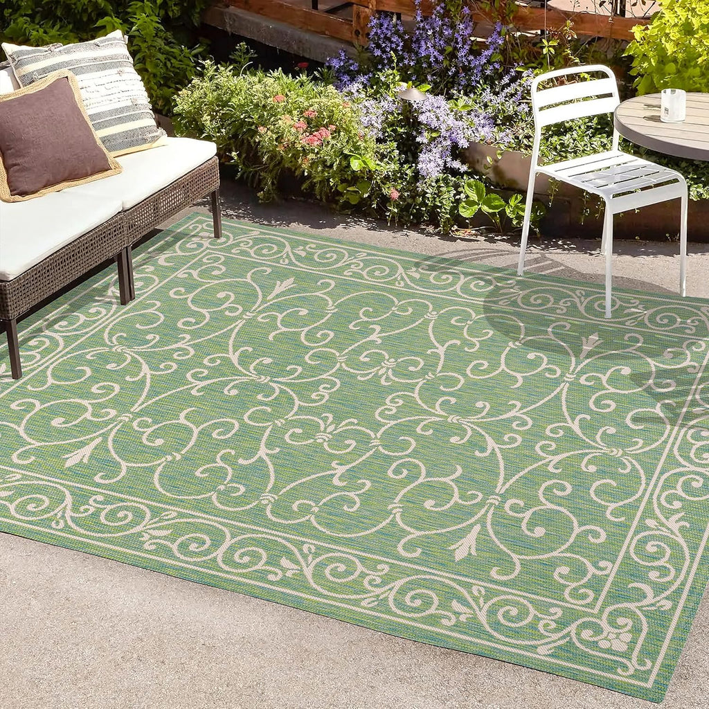 JONATHAN Y SMB106K-8 Charleston Vintage Filigree Textured Weave Indoor Outdoor Area Rug, Classic Traditional Easy-Cleaning,Bedroom,Kitchen,Backyard,Patio,Non Shedding, 8 X 10, Green/Ivory