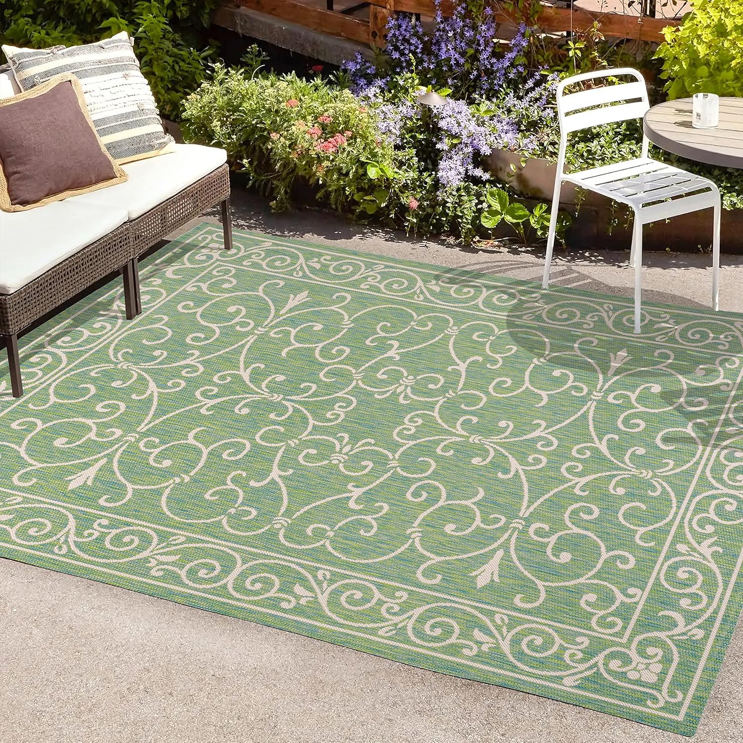 JONATHAN Y SMB106K-8 Charleston Vintage Filigree Textured Weave Indoor Outdoor Area Rug, Classic Traditional Easy-Cleaning,Bedroom,Kitchen,Backyard,Patio,Non Shedding, 8 X 10, Green/Ivory