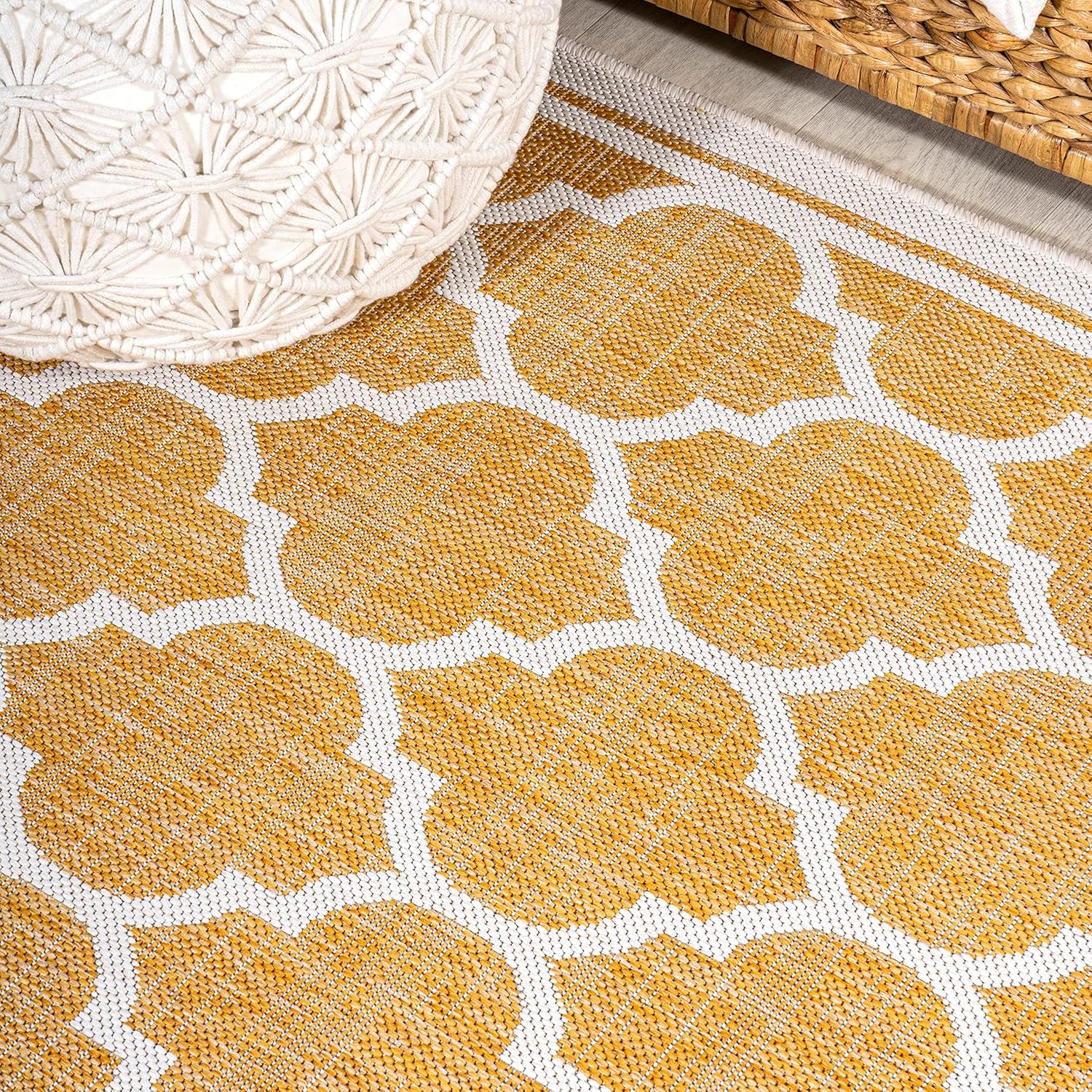 Eyely BMS109F-210 Santa Monica Trebol Moroccan Trellis Textured Weave Indoor/Outdoor Runner Rug Coastal;Bohemian, Bedroom, Backyard, Patio, Easy-Cleaning, Non-Shedding, 2 X 10, Yellow/Cream