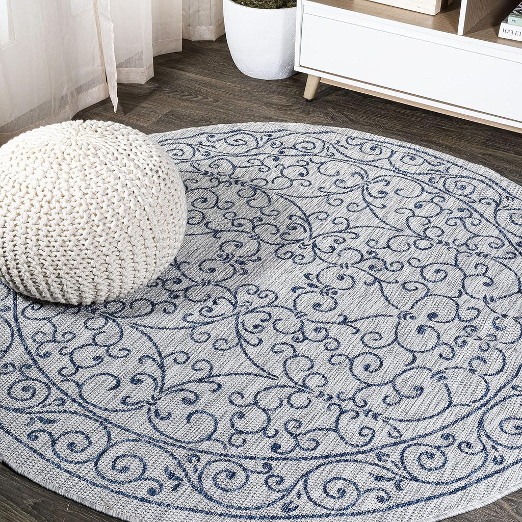 JONATHAN Y SMB106C-6R Charleston Vintage Filigree Textured Weave Gray/Navy 6' Round Indoor/Outdoor Area Rug, Pet Friendly, Non-Shedding, Stain Resistant, Easy-Cleaning for Backyard, Patio, Porch