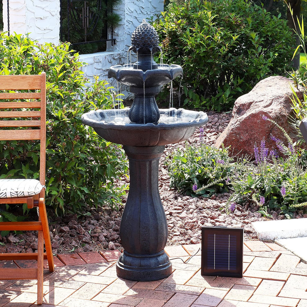 Sunnydaze Pineapple 46-Inch 2-Tier Outdoor Solar Fountain - Decorative Water Fountain with Pump for Garden, Patio, Yard or Balcony - Black