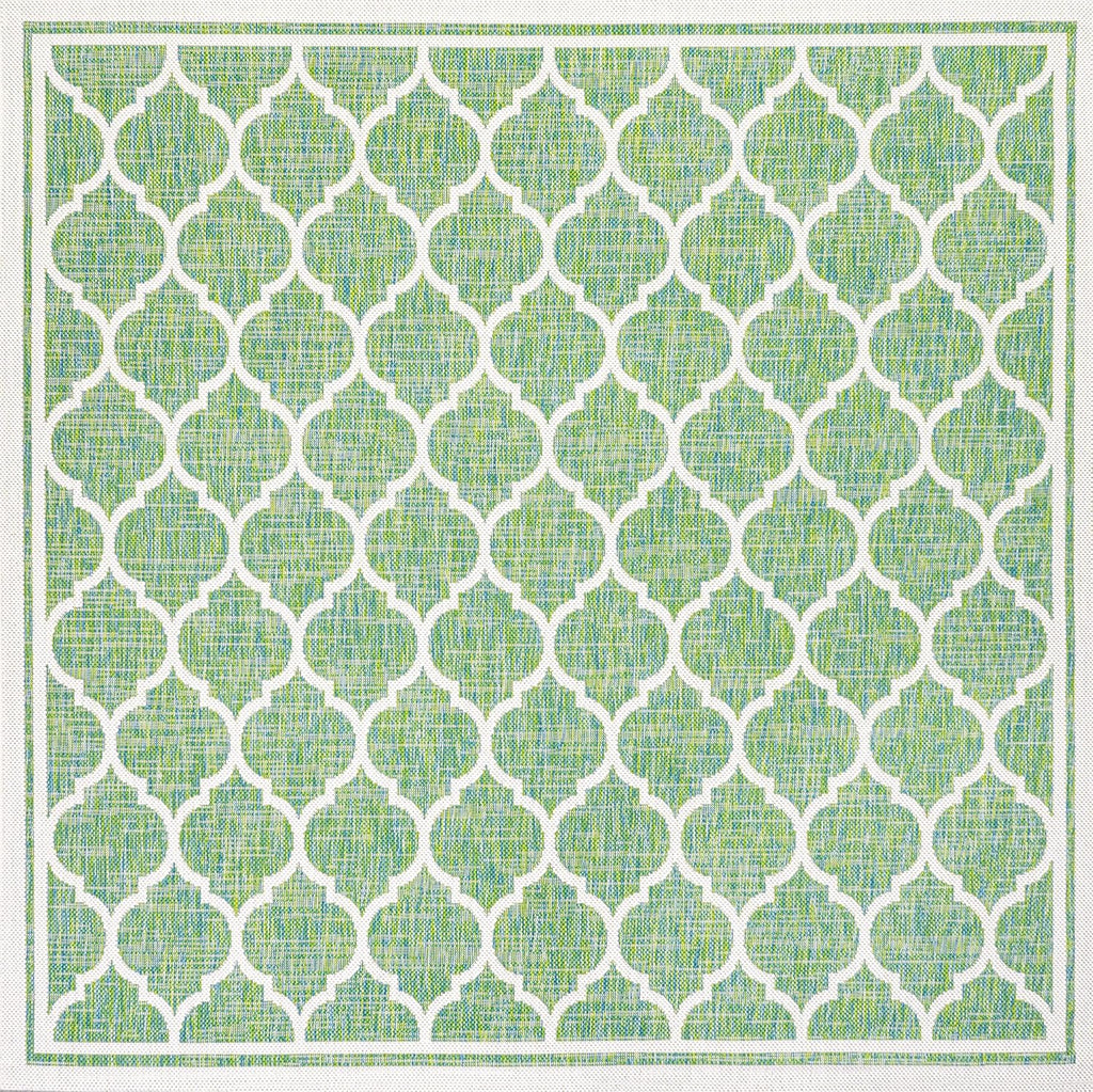 Eyely BMS109I-5SQ Santa Monica Trebol Moroccan Trellis Textured Weave Indoor/Outdoor Area Rug Coastal;Bohemian, Bedroom, Backyard, Patio, Easy-Cleaning, Non-Shedding, 5' Square, Cream/Green