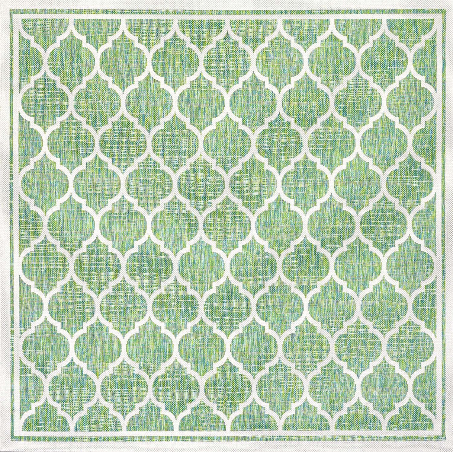 Eyely BMS109I-5SQ Santa Monica Trebol Moroccan Trellis Textured Weave Indoor/Outdoor Area Rug Coastal;Bohemian, Bedroom, Backyard, Patio, Easy-Cleaning, Non-Shedding, 5' Square, Cream/Green
