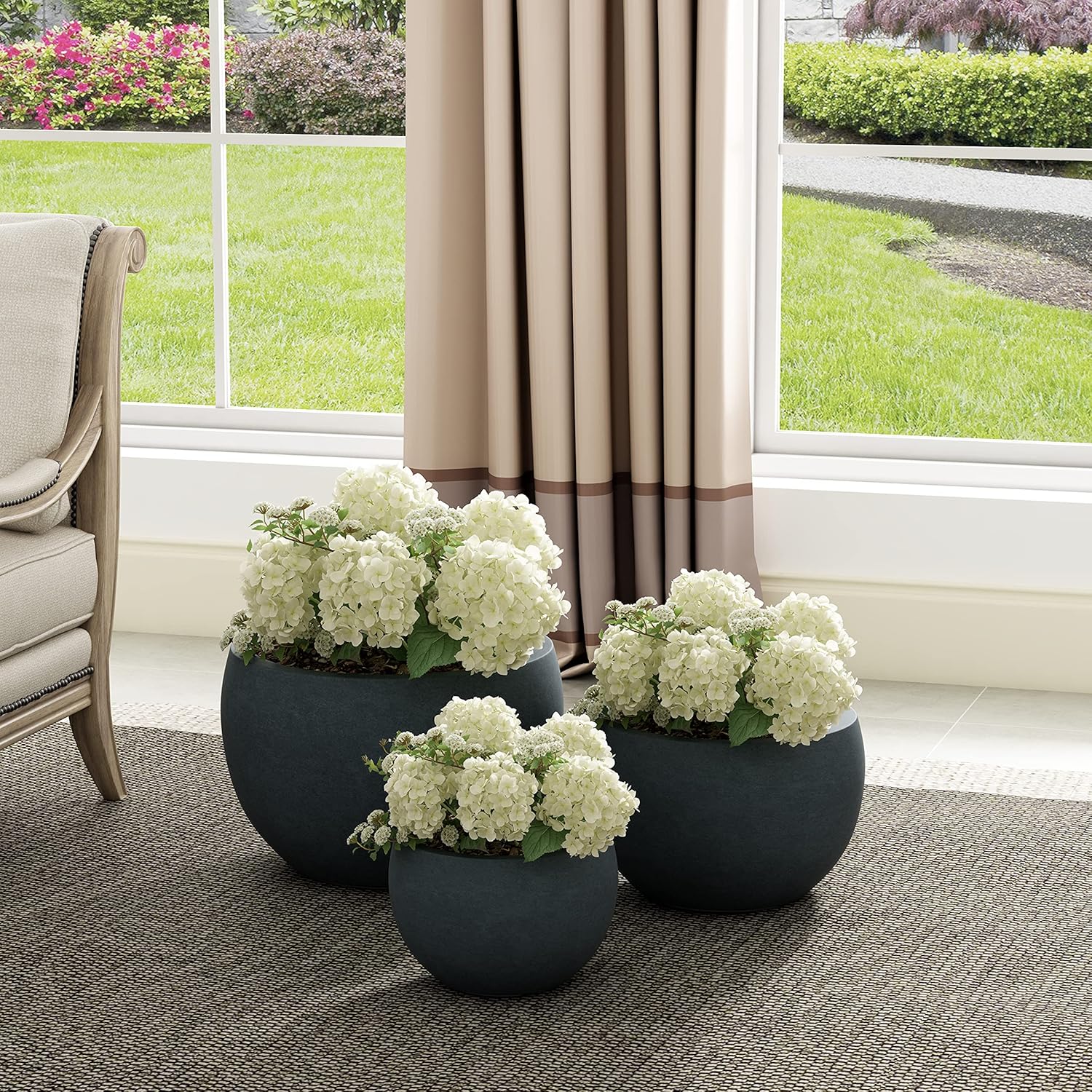 Kante 19.9",15.7",11.8" Dia Round Concrete Planter Set of 3, Outdoor/Indoor Large Bowl Plant Pots with Drainage Hole and Rubber Plug for Garden Patio Balcony Home, Dark Gray