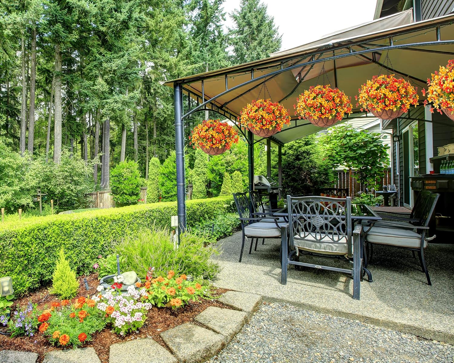 Artificial Silk Flowers Hanging Baskets Outdoors,Chrysanthemum with Eucalyptus Leaves Arrangement for Garden Yard Decor,Faux Plant in Metal Coconut Lining Flowerpot(Orange)