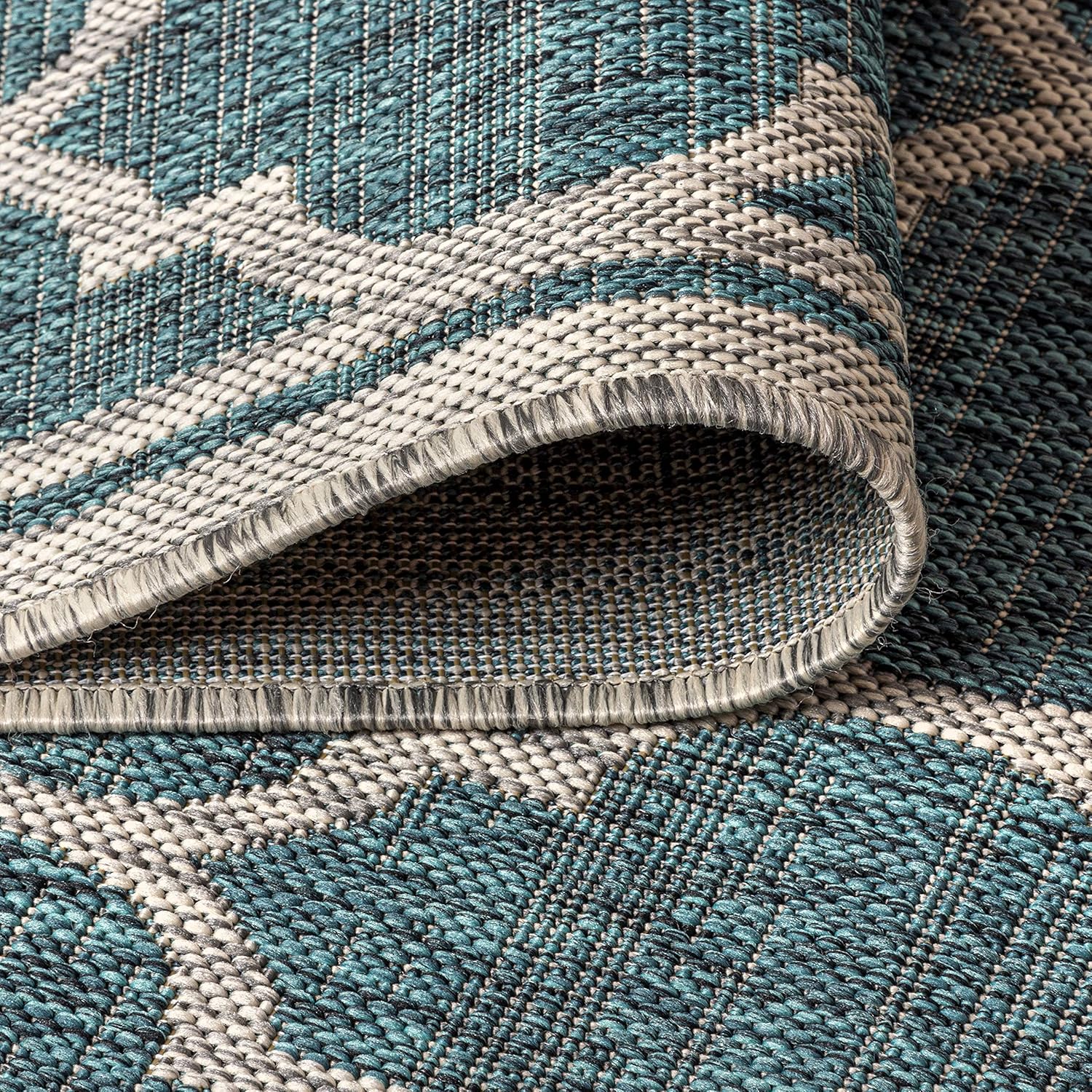 Eyely BMS109E-5R Santa Monica Trebol Moroccan Trellis Textured Weave Indoor/Outdoor Area Rug Coastal;Bohemian, Bedroom, Backyard, Patio, Easy-Cleaning, Non-Shedding, 5' Round, Teal/Gray