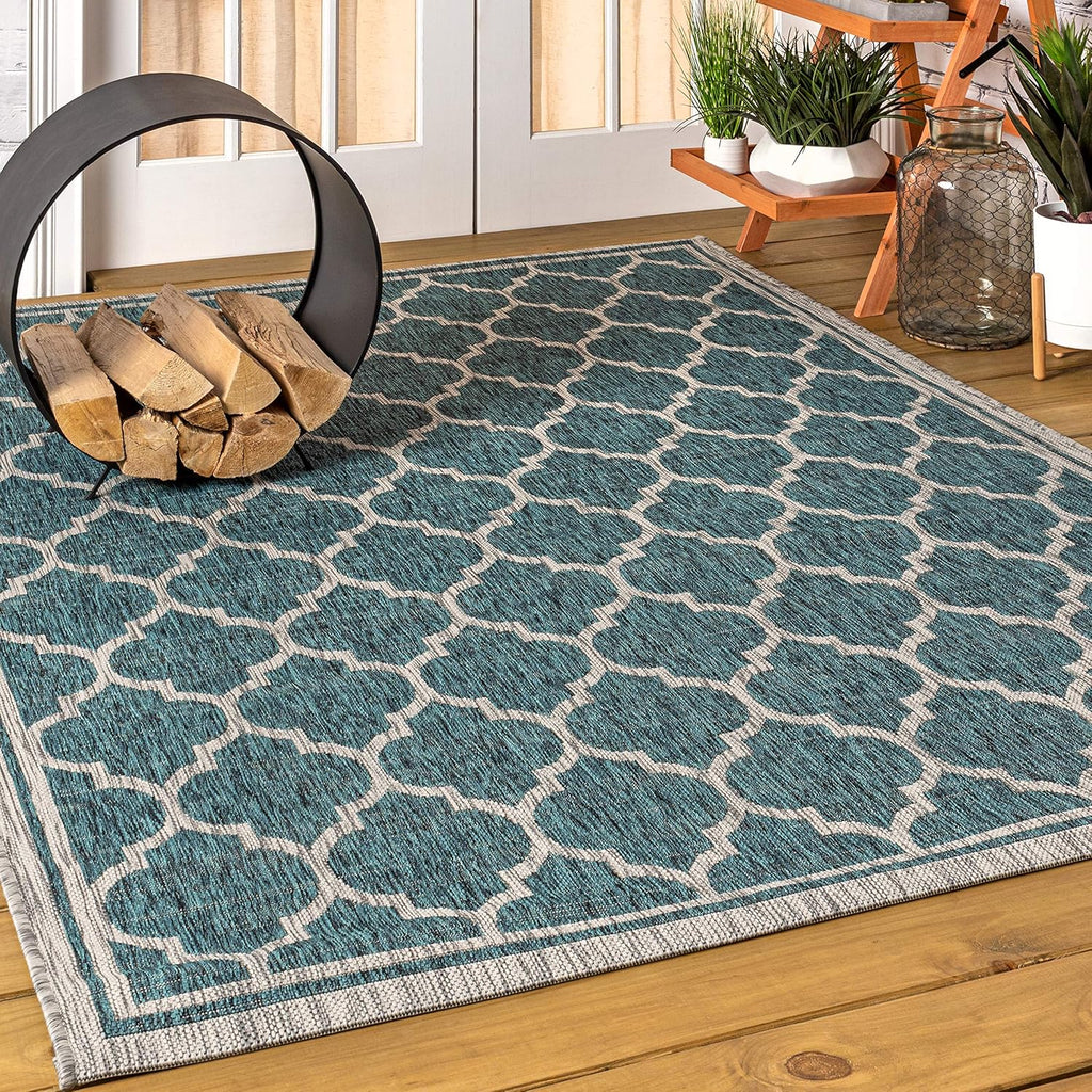 Eyely BMS109E-4 Santa Monica Trebol Moroccan Trellis Textured Weave Indoor/Outdoor Area Rug Coastal;Bohemian, Bedroom, Backyard, Patio, Easy-Cleaning, Non-Shedding, 4 X 6, Teal/Gray