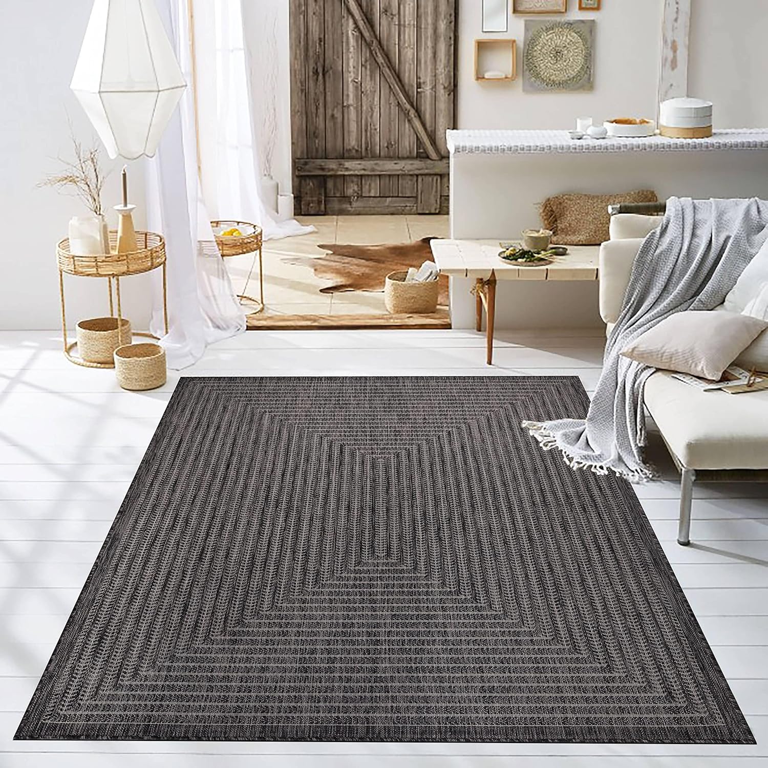 Adiva Rugs Outdoor Indoor Area Rug, Weather Resistant, Easy to Clean, Stain Resistant Floor Mat for Dining Room, Backyard, Deck, Patio (Pebble Weiss, 2'6" x 7')