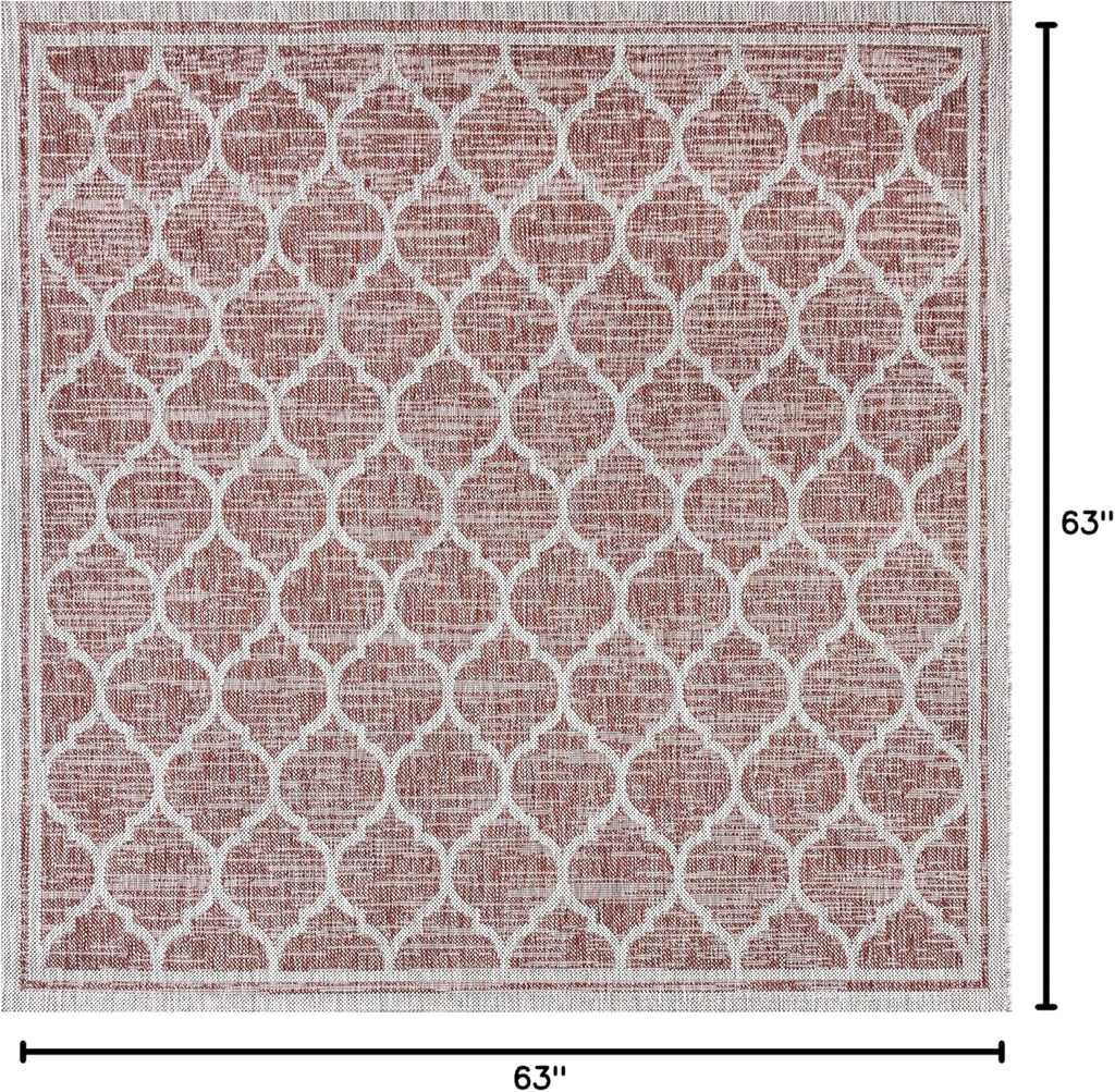 Eyely BMS109C-5SQ Santa Monica Trebol Moroccan Trellis Textured Weave Indoor/Outdoor Area Rug Coastal;Bohemian, Bedroom, Backyard, Patio, Easy-Cleaning, Non-Shedding, 5' Square, Red/Beige