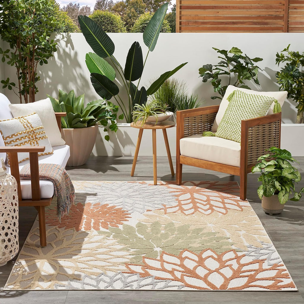 Nourison Home Aloha Indoor-Outdoor Ivory Multicolor 3'6" x 5'6" Area Rug, Easy Cleaning, Non Shedding, Bed Room, Living Room, Dining Room, Backyard, Deck, Patio (4x6)