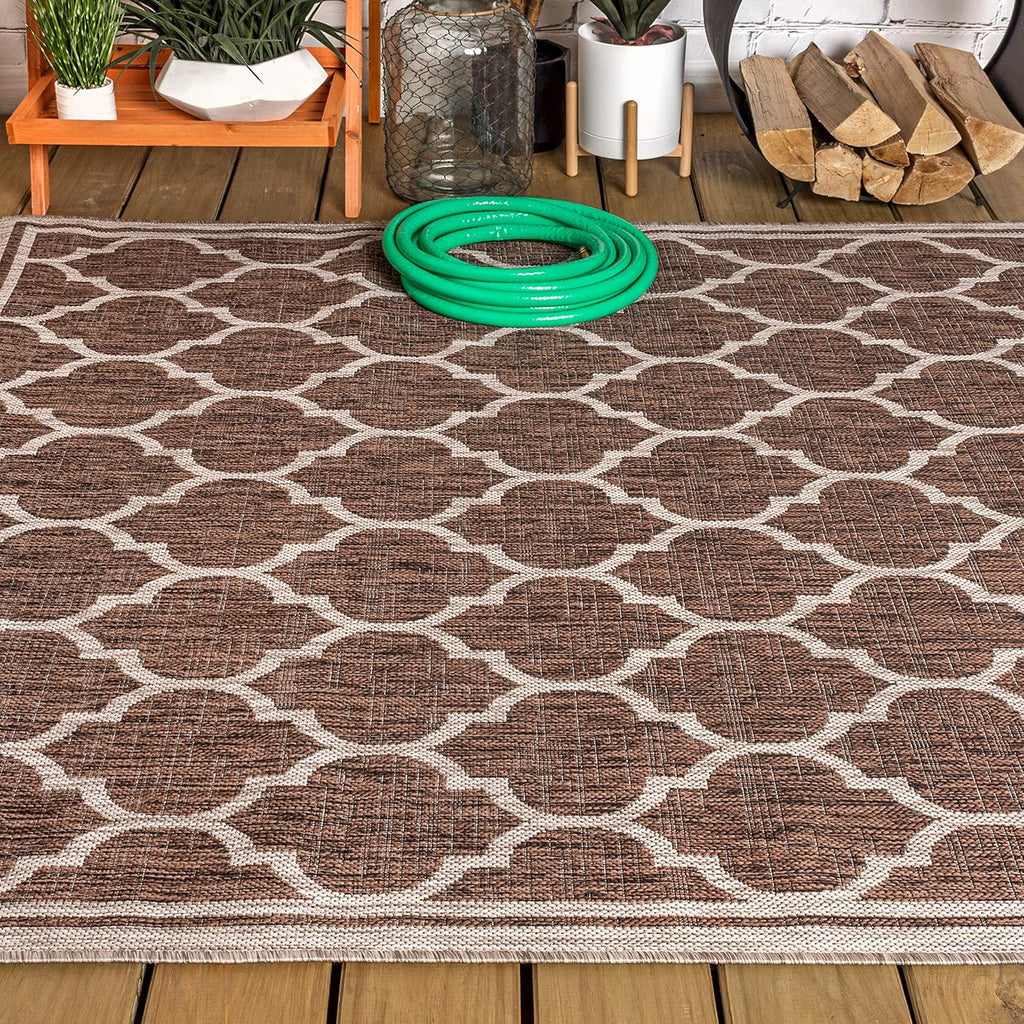 Eyely BMS109B-5 Santa Monica Trebol Moroccan Trellis Textured Weave Indoor/Outdoor Area Rug Coastal;Bohemian, Bedroom, Backyard, Patio, Easy-Cleaning, Non-Shedding, 5 X 8, Espresso/Taupe