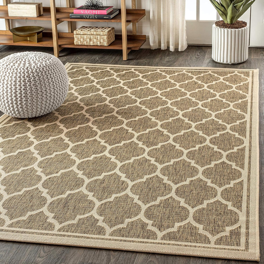 Eyely BMS109A-5 Santa Monica Trebol Moroccan Trellis Textured Weave Indoor/Outdoor Area Rug Coastal;Bohemian, Bedroom, Backyard, Patio, Easy-Cleaning, Non-Shedding, 5 X 8, Brown/Beige