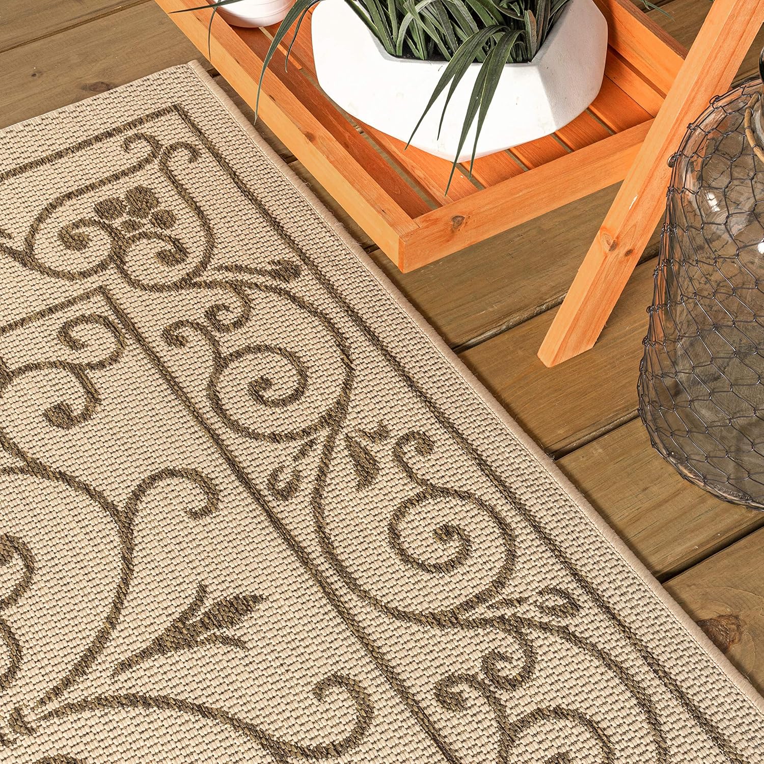 JONATHAN Y SMB106A-210 Charleston Vintage Filigree Textured Weave Indoor Outdoor Runner Rug Classic Coastal Easy-Cleaning Bedroom Kitchen Backyard Patio Non Shedding, 2 X 10, Beige/Brown