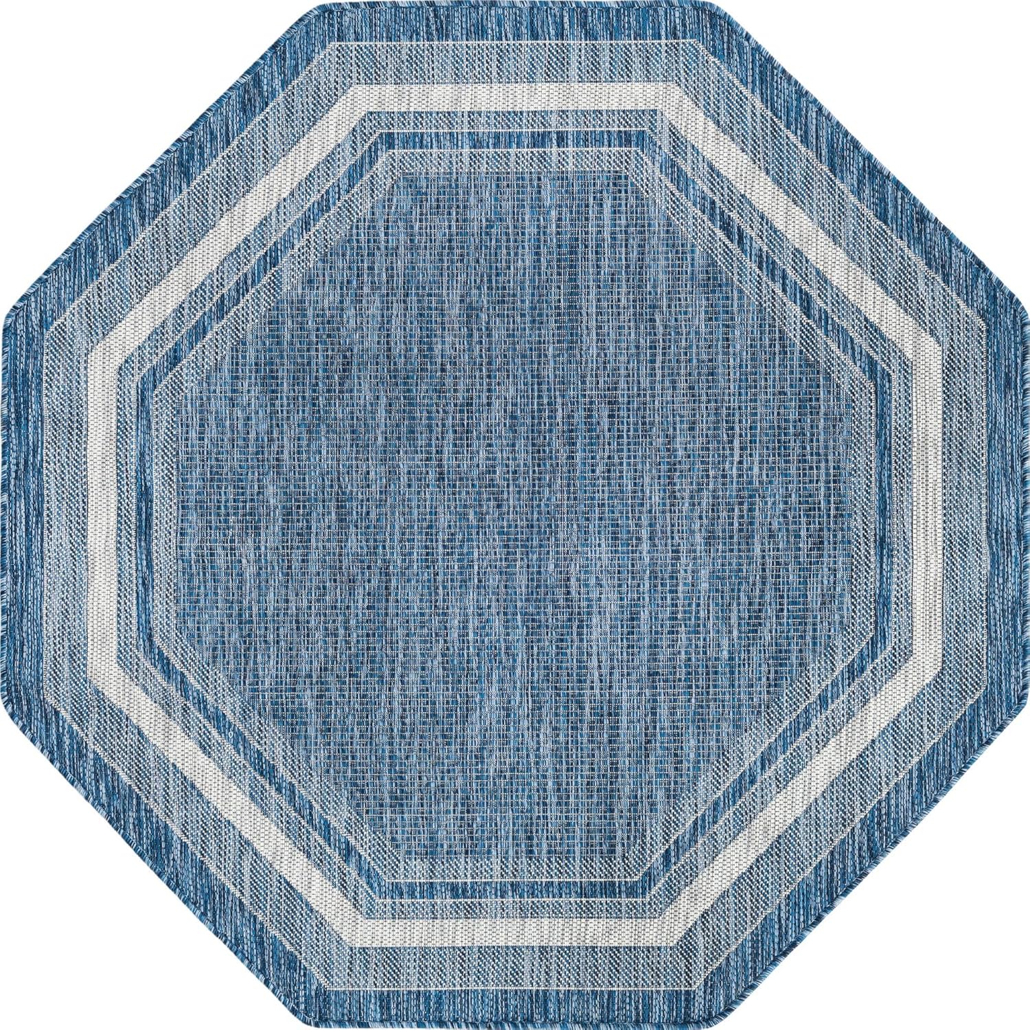 Unique Loom Outdoor Border Collection Area Rug - Soft Border (5' 3" Octagon, Blue/ Ivory)
