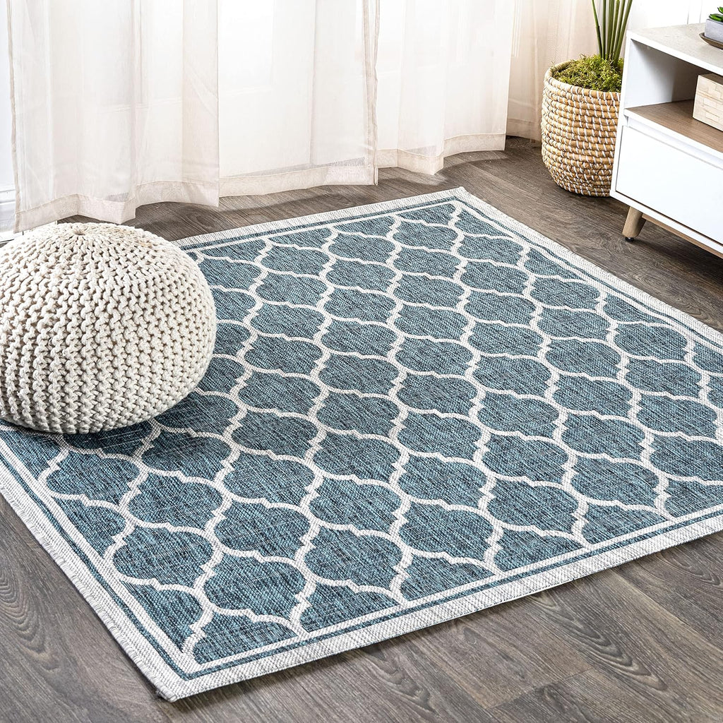 Eyely BMS109E-5SQ Santa Monica Trebol Moroccan Trellis Textured Weave Indoor/Outdoor Area Rug Coastal;Bohemian, Bedroom, Backyard, Patio, Easy-Cleaning, Non-Shedding, 5' Square, Teal/Gray