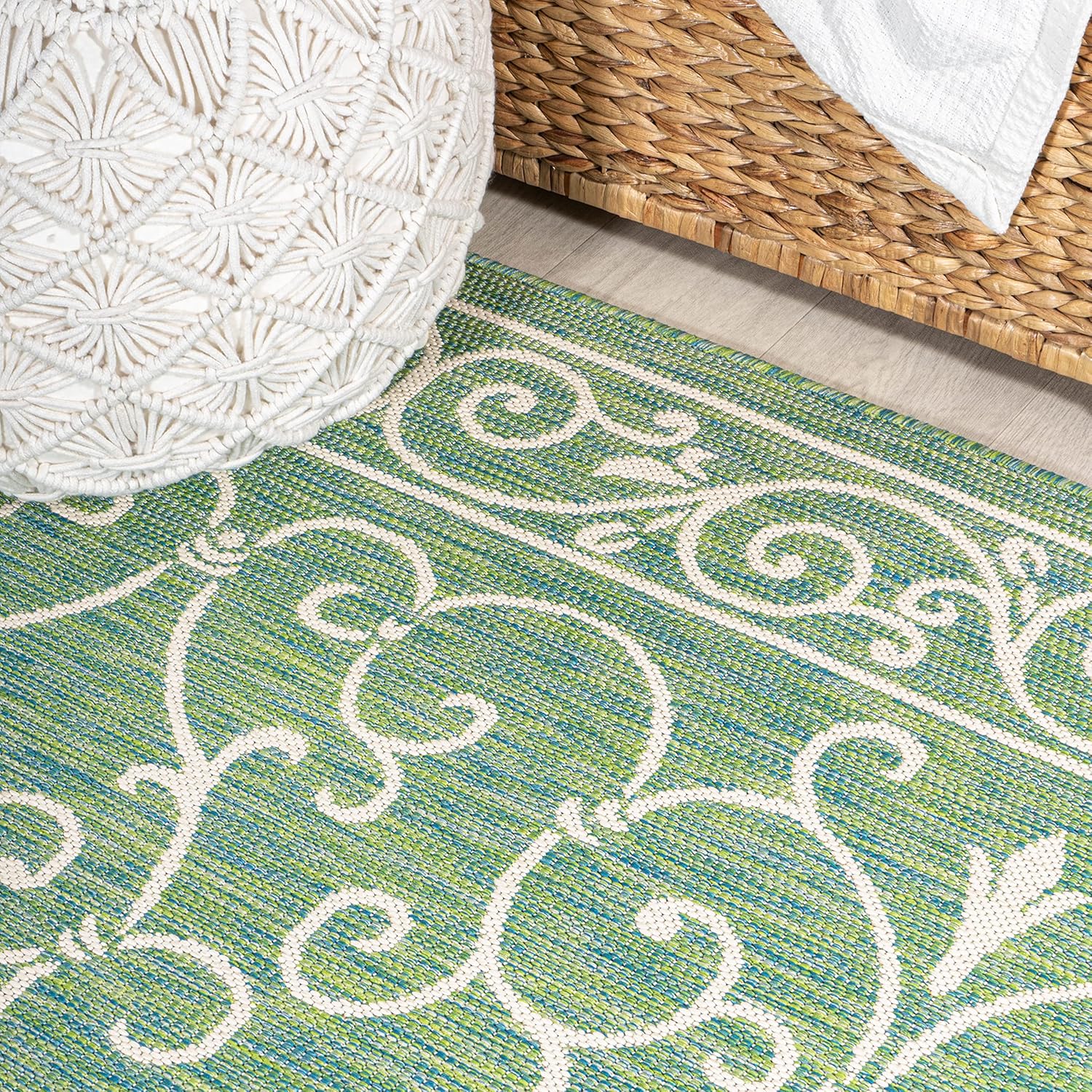 JONATHAN Y SMB106K-210 Charleston Vintage Filigree Textured Weave Indoor Outdoor Runner Rug, Classic, Traditional, Transitional Easy Clean,Bedroom,Kitchen,Backyard,Patio, Non-Shed, Green/Ivory, 2 X 10