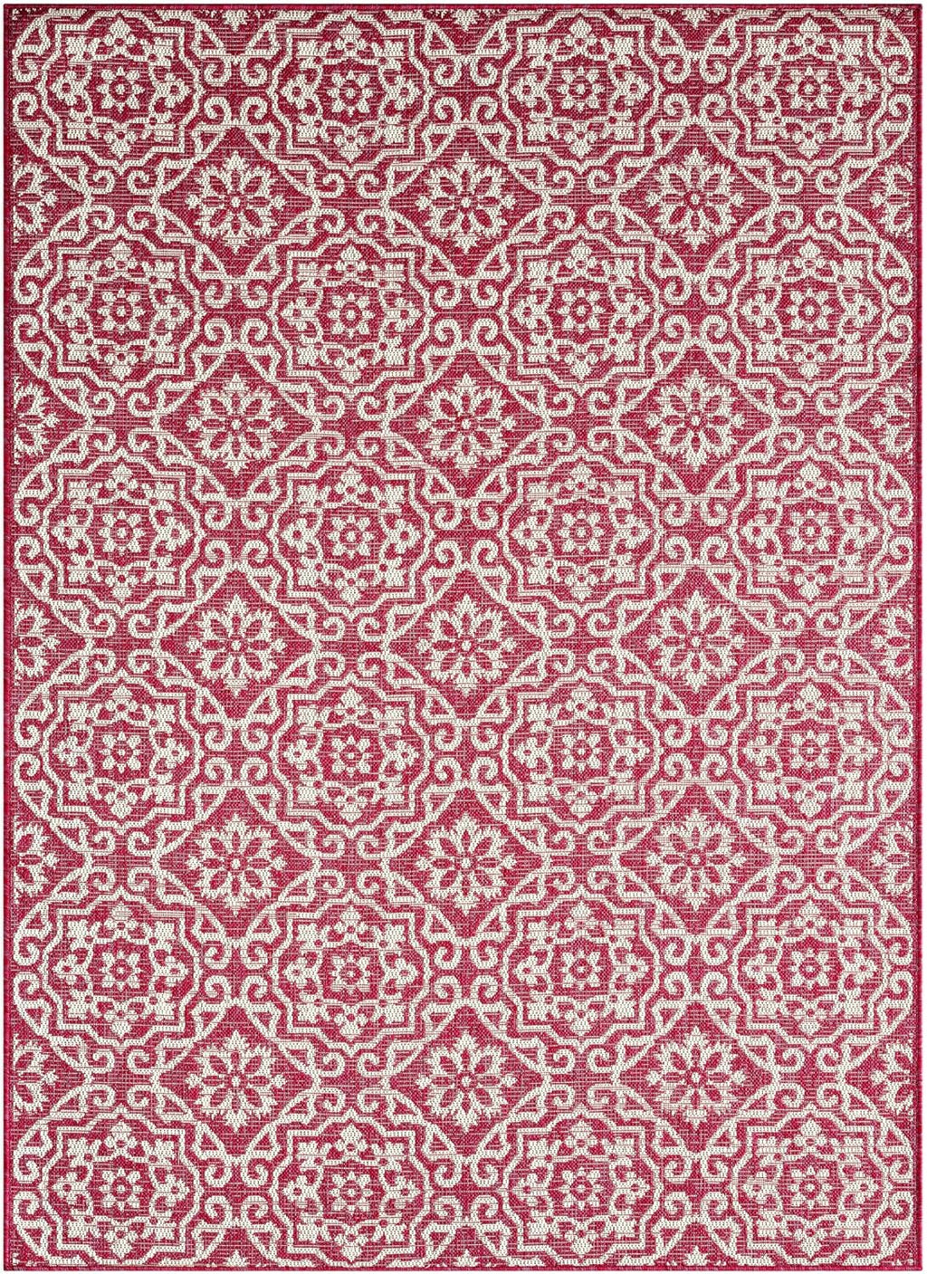 Nicole Miller New York Patio Country Julia Transitional Geometric Indoor/Outdoor Area Rug, Pink/Ivory, 6'6"x9'2"
