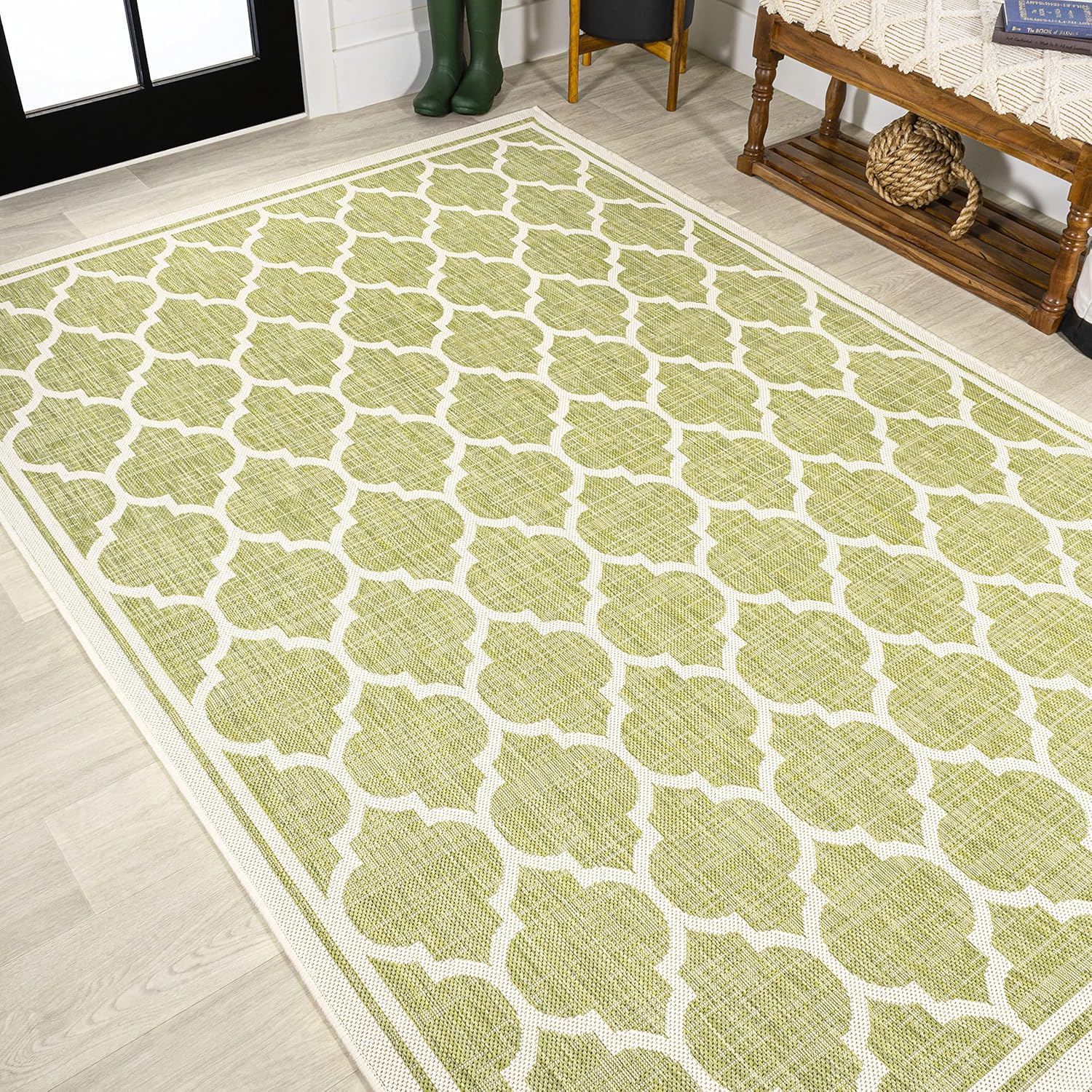 Eyely BMS109G-4 Santa Monica Trebol Moroccan Trellis Textured Weave Indoor/Outdoor Area Rug Coastal;Bohemian, Bedroom, Backyard, Patio, Easy-Cleaning, Non-Shedding, 4 X 6, Green/Cream