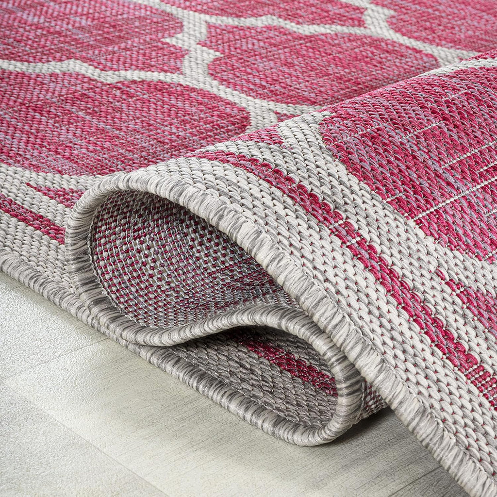 Eyely BMS109H-5R Santa Monica Trebol Moroccan Trellis Textured Weave Indoor/Outdoor Area Rug Coastal;Bohemian, Bedroom, Backyard, Patio, Easy-Cleaning, Non-Shedding, 5' Round, Fuchsia/Light Gray