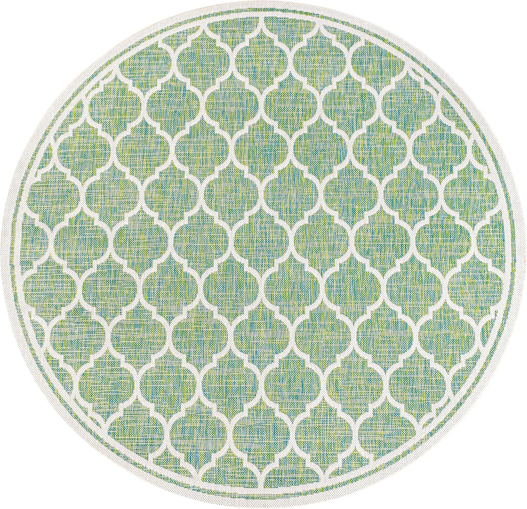 Eyely BMS109I-5R Santa Monica Trebol Moroccan Trellis Textured Weave Indoor/Outdoor Area Rug Coastal;Bohemian, Bedroom, Backyard, Patio, Easy-Cleaning, Non-Shedding, 5' Round, Cream/Green