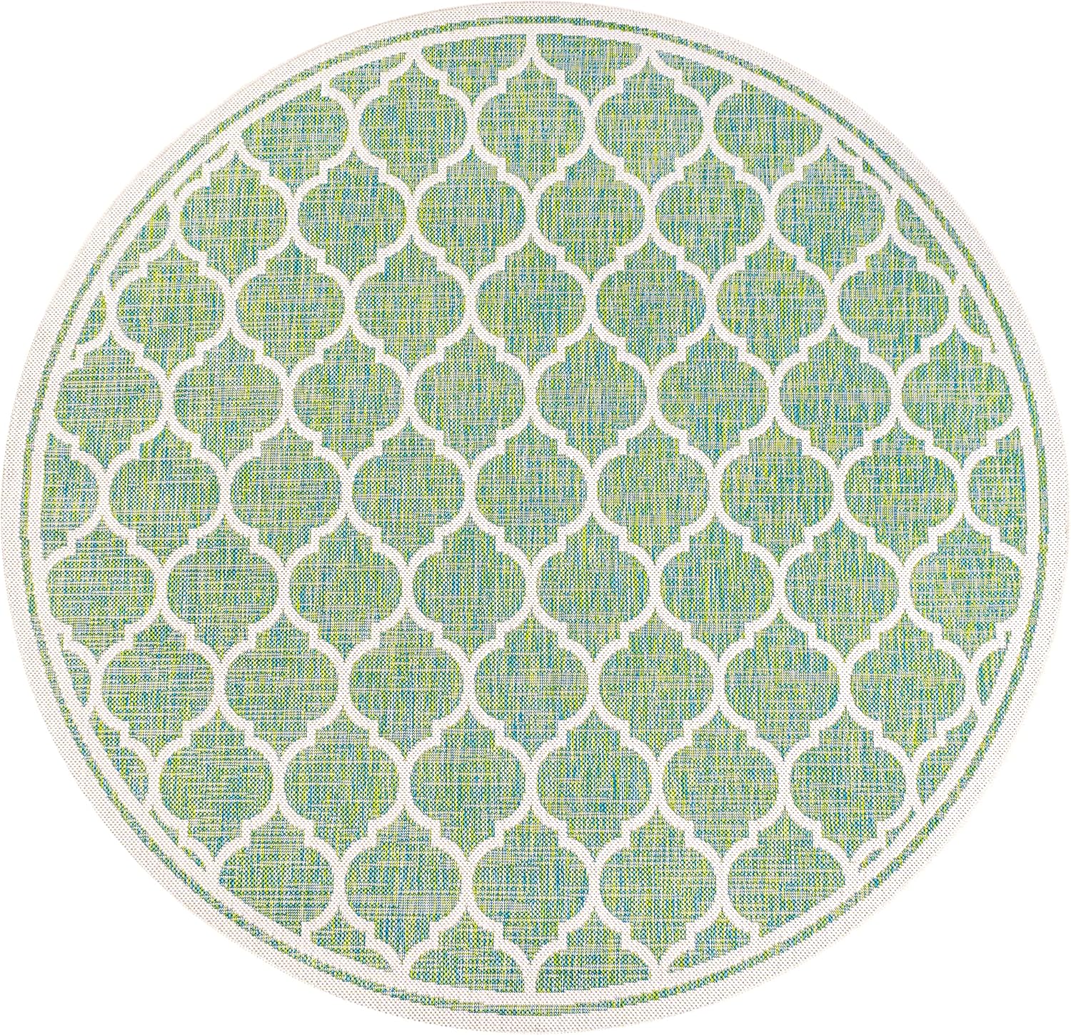 Eyely BMS109I-5R Santa Monica Trebol Moroccan Trellis Textured Weave Indoor/Outdoor Area Rug Coastal;Bohemian, Bedroom, Backyard, Patio, Easy-Cleaning, Non-Shedding, 5' Round, Cream/Green