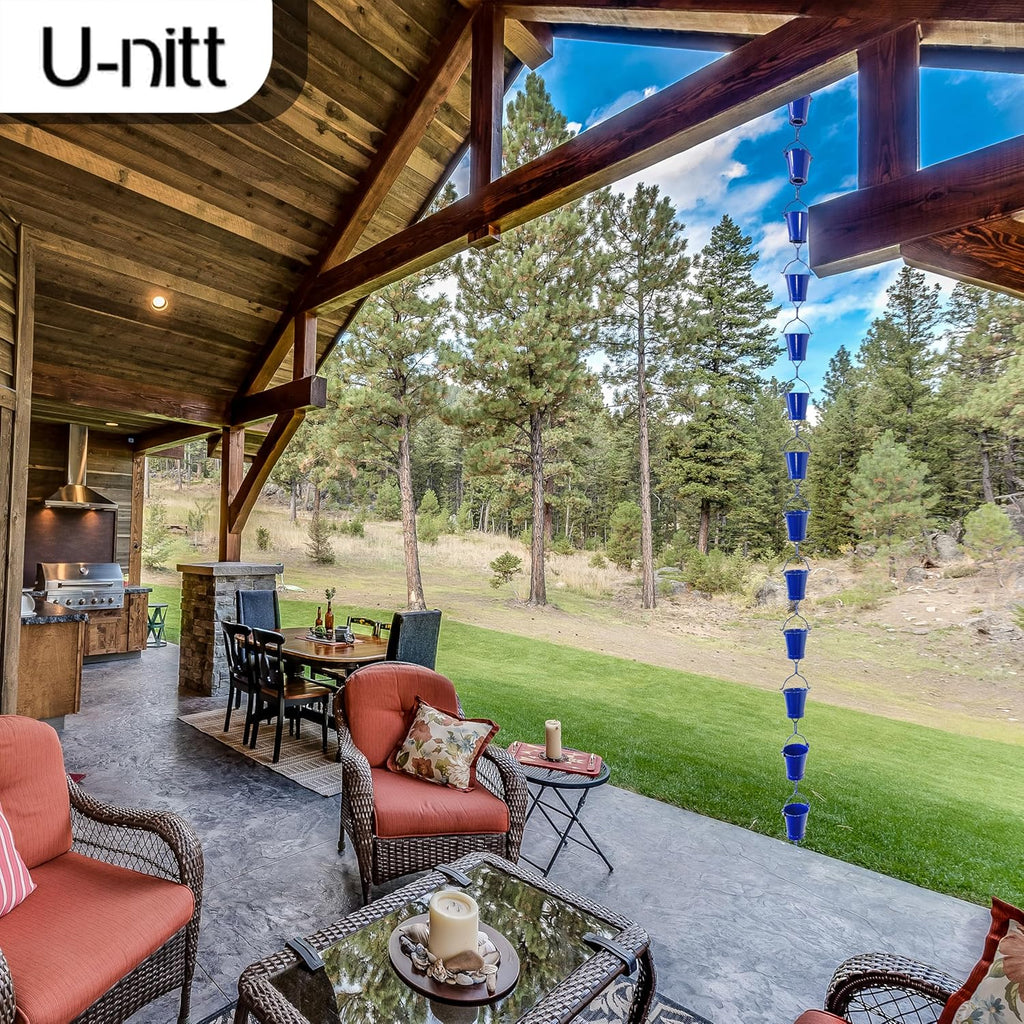 U-nitt Rain Chain Water Collection for Gutters, Rainwater Catcher & Diverter, 8.5 FT Chains for Outside Garden, Blue Bucket Cups, Roof Downspout, Works with Heavy Rain, w/Gutter Clip for Rainchains