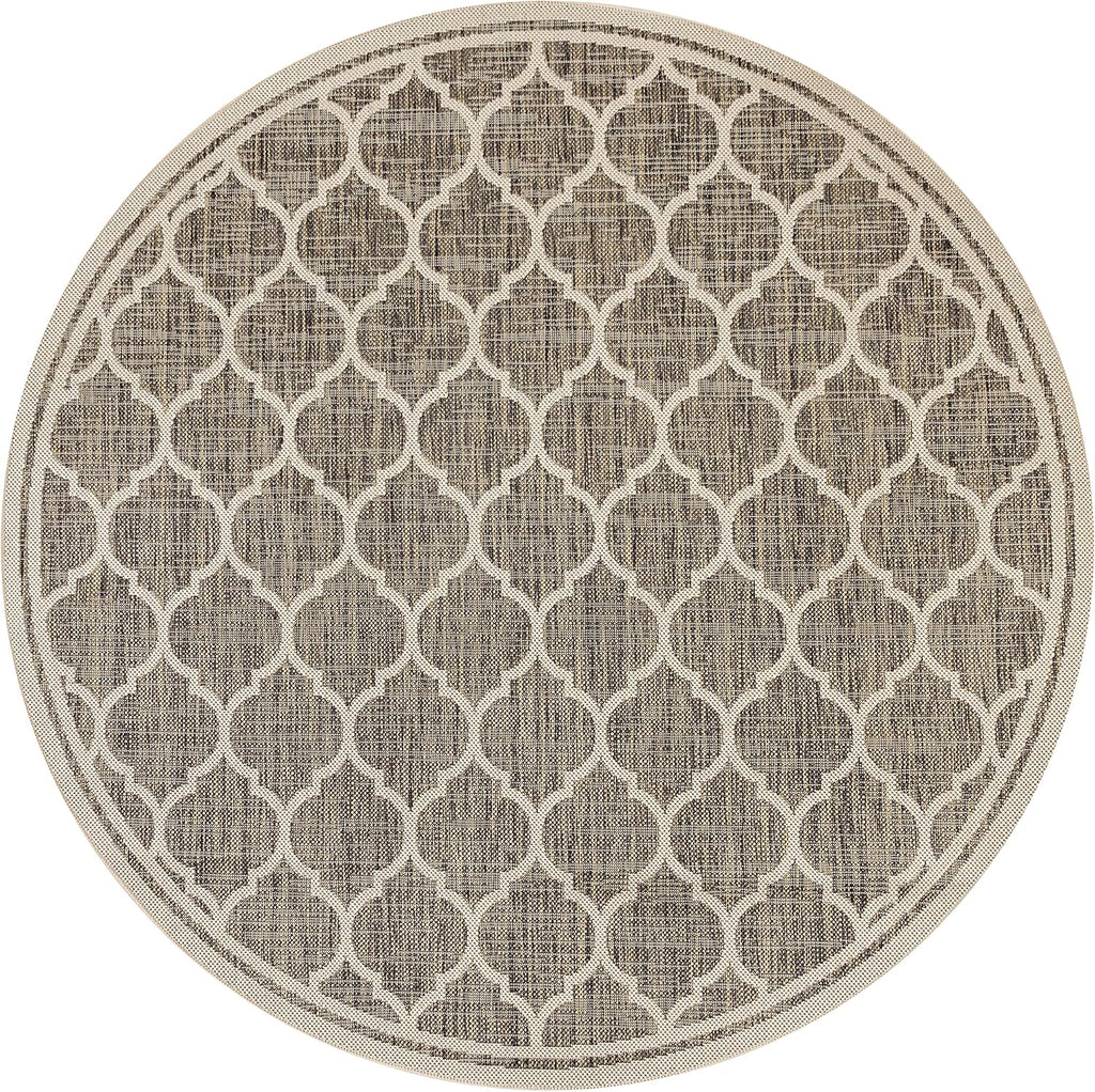 Eyely BMS109A-5R Santa Monica Trebol Moroccan Trellis Textured Weave Indoor/Outdoor Area Rug Coastal;Bohemian, Bedroom, Backyard, Patio, Easy-Cleaning, Non-Shedding, 5' Round, Brown/Beige