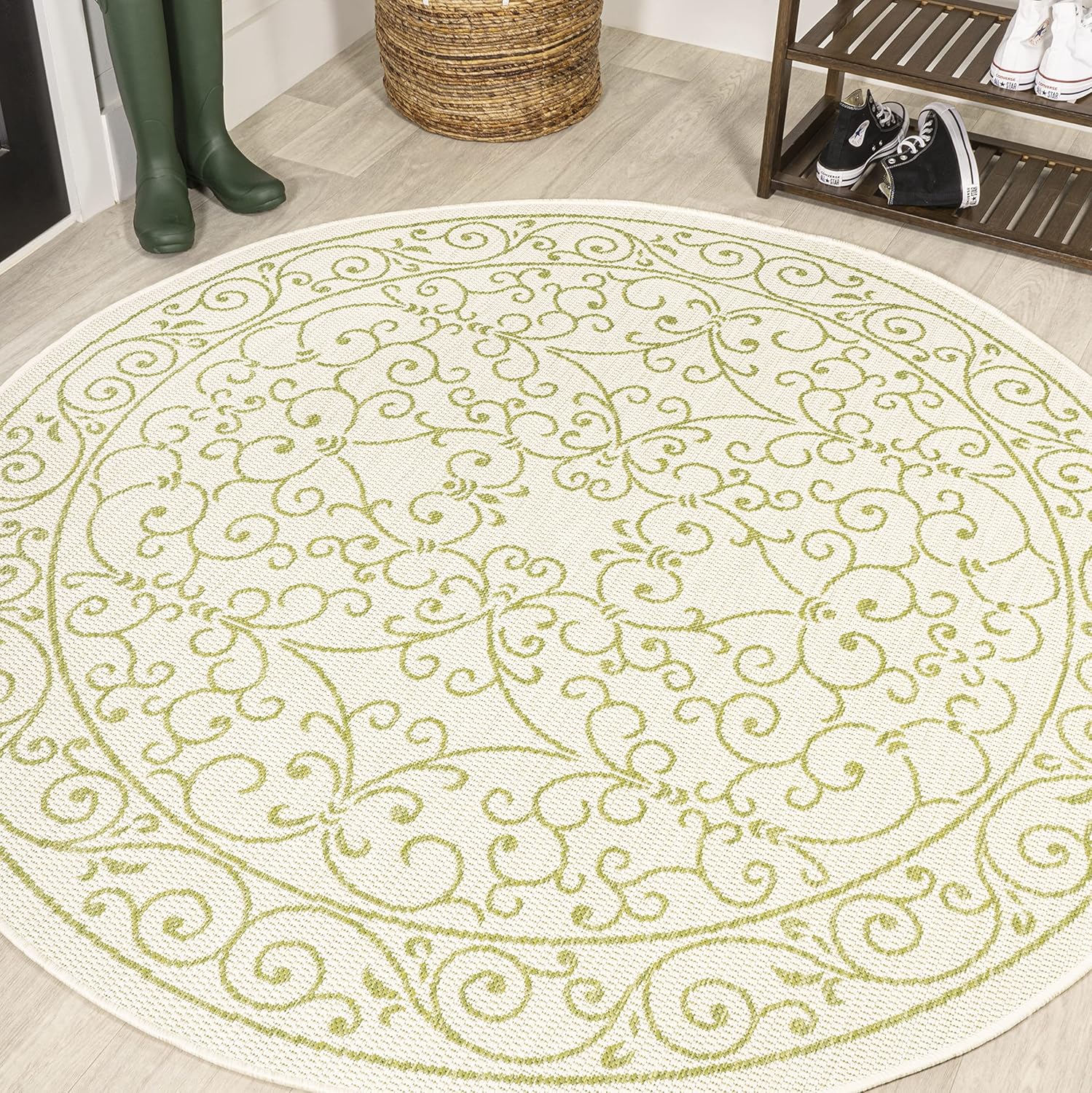 JONATHAN Y SMB106I-5R Charleston Vintage Filigree Textured Weave Indoor Outdoor Area Rug, Bohemian Coastal Traditional Easy Cleaning,Bedroom,Kitchen,Backyard,Patio,Non Shedding, 5' Round, Cream/Green