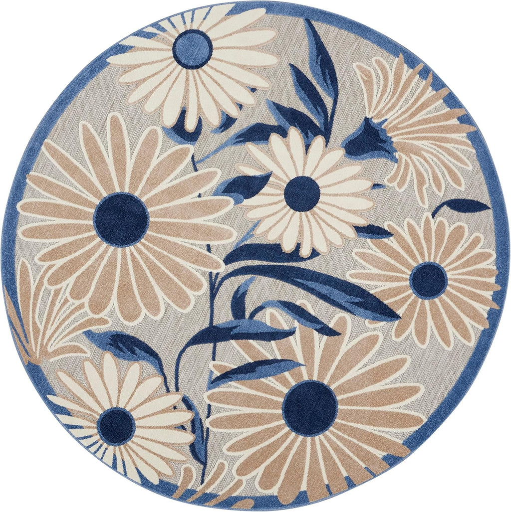 Nourison Home Aloha Outdoor Blue Grey 5'3" x Round Area Rug, Easy Cleaning, Non Shedding, Bed Room, Living Room, Dining Room, Deck, Backyard, Patio (5 Round)