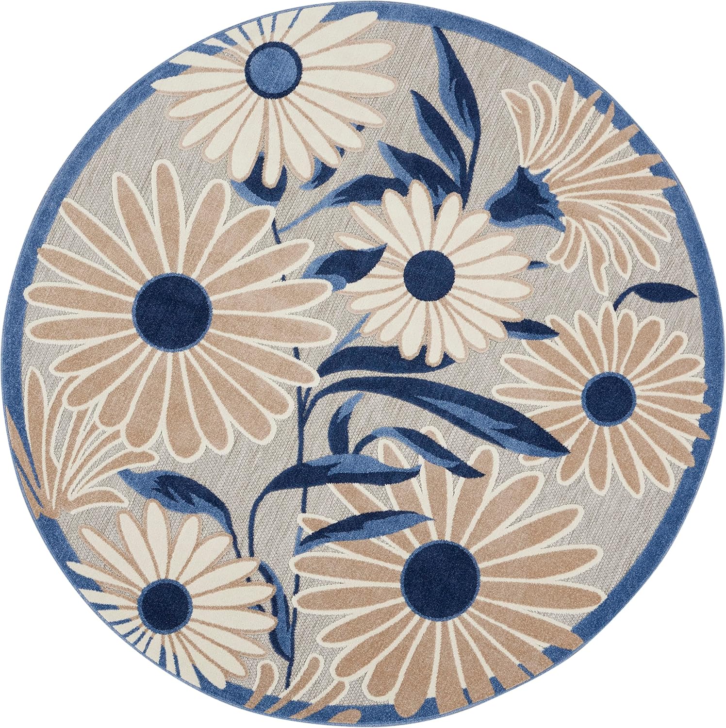 Nourison Home Aloha Outdoor Blue Grey 5'3" x Round Area Rug, Easy Cleaning, Non Shedding, Bed Room, Living Room, Dining Room, Deck, Backyard, Patio (5 Round)