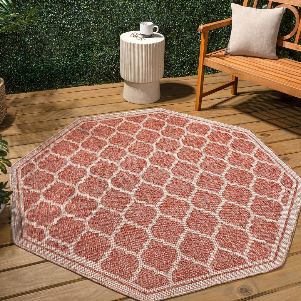 Eyely BMS109C-8TGN Trebol Moroccan Trellis Textured Weave Red/Beige 8' Octagon Indoor/Outdoor Area Rug, Red/Beige, 8' Octagon, Indoor/Outdoor, Area Rug