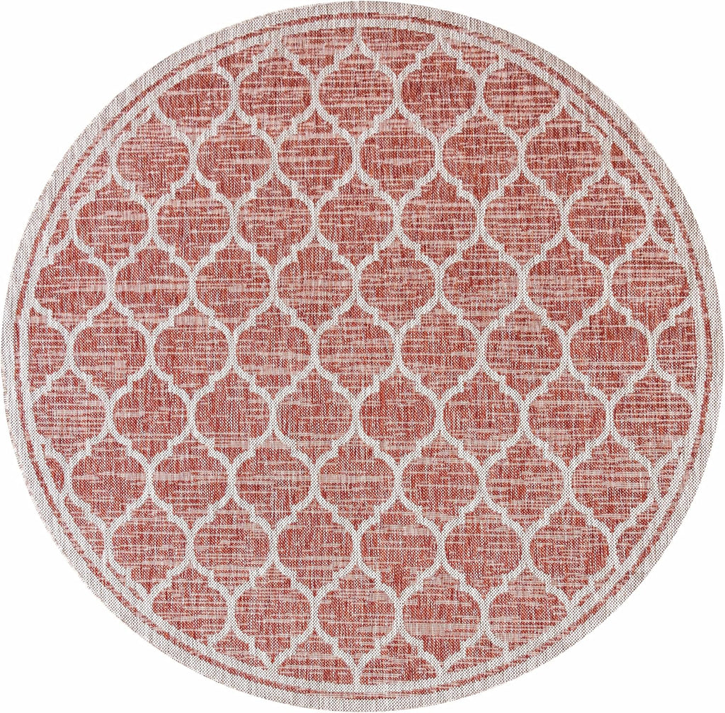 Eyely BMS109C-5R Santa Monica Trebol Moroccan Trellis Textured Weave Indoor/Outdoor Area Rug Coastal;Bohemian, Bedroom, Backyard, Patio, Easy-Cleaning, Non-Shedding, 5' Round, Red/Beige